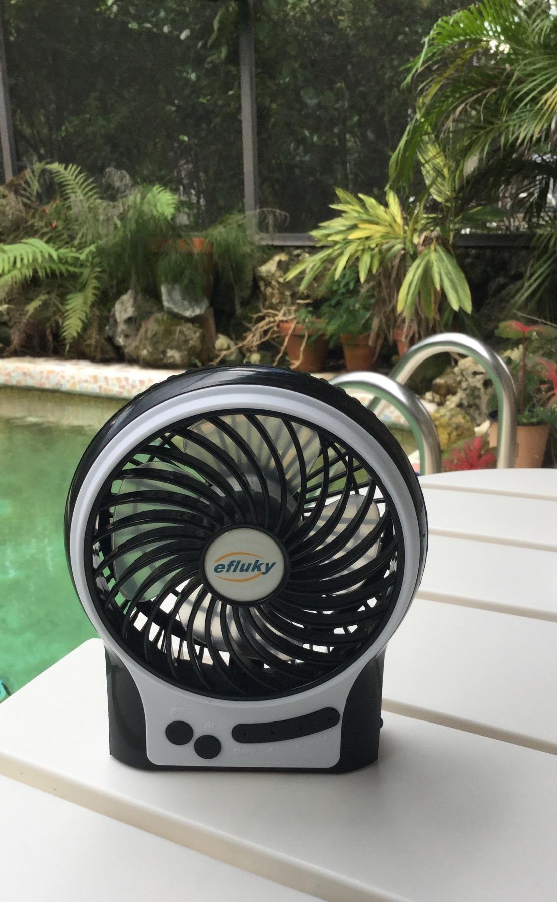efluky 4.9-Inch Mini Desk Fan - 3 Speeds, Rechargeable Battery/USB Powered with LED Light, Quiet Portable Fan for Home, Office, Travel, Camping (Black) customer photo 2