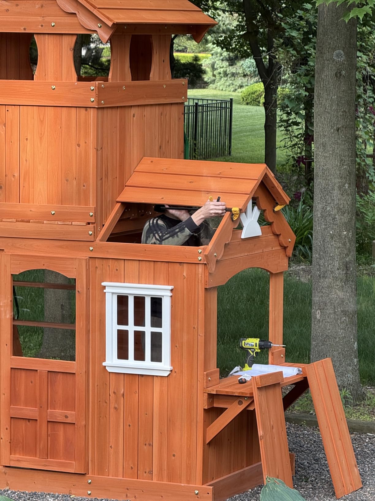 Backyard Discovery Shenandoah Cedar Wood Swing Set with Wave Slide, Raised Clubhouse, Playhouse, Play Kitchen, Belt Swings, Trapeze, Rock Wall, Ladder, Picnic Table, Full Door, Outdoor Playset customer photo 1