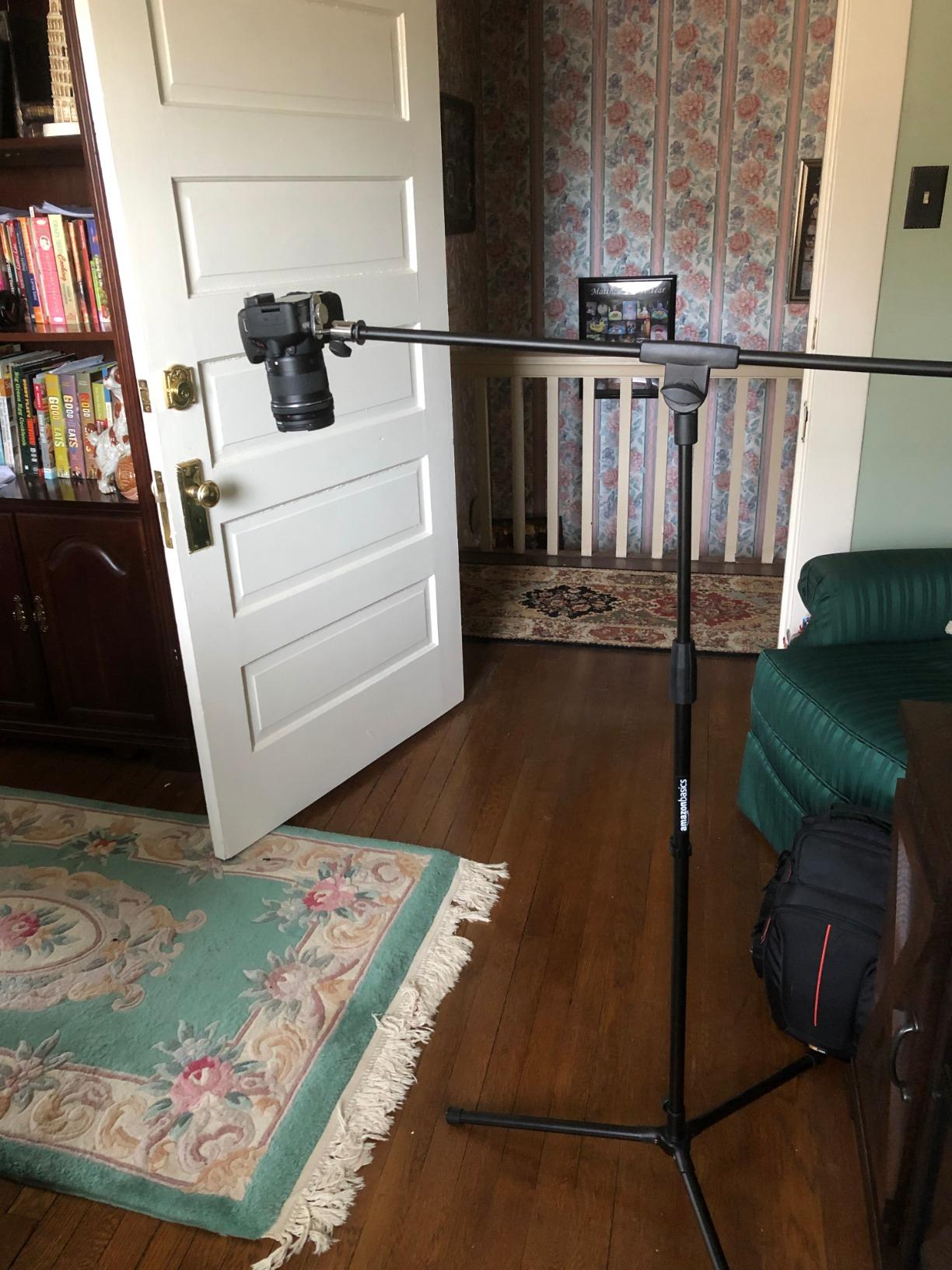 Amazon Basics Sturdy Portable Microphone Boom Arm Stand, Height Adjustable with Cable Management, Foldable Tripod Base, Up to 85.75