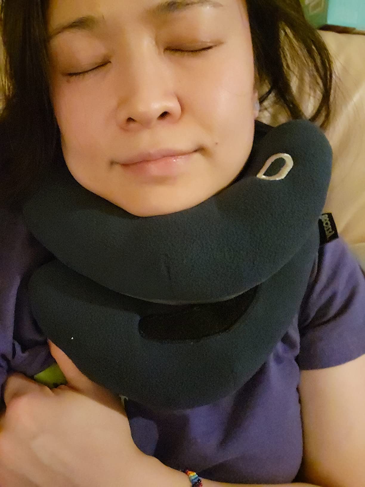 BCOZZY Travel Neck Pillow for Airplane – Patented Double Support for Head, Neck, and Chin. Best for Long Flights, Plane Sleeping, and Car Rides. Adjustable Size. Fully Washable. Carry Bag. Large, Navy customer photo 1