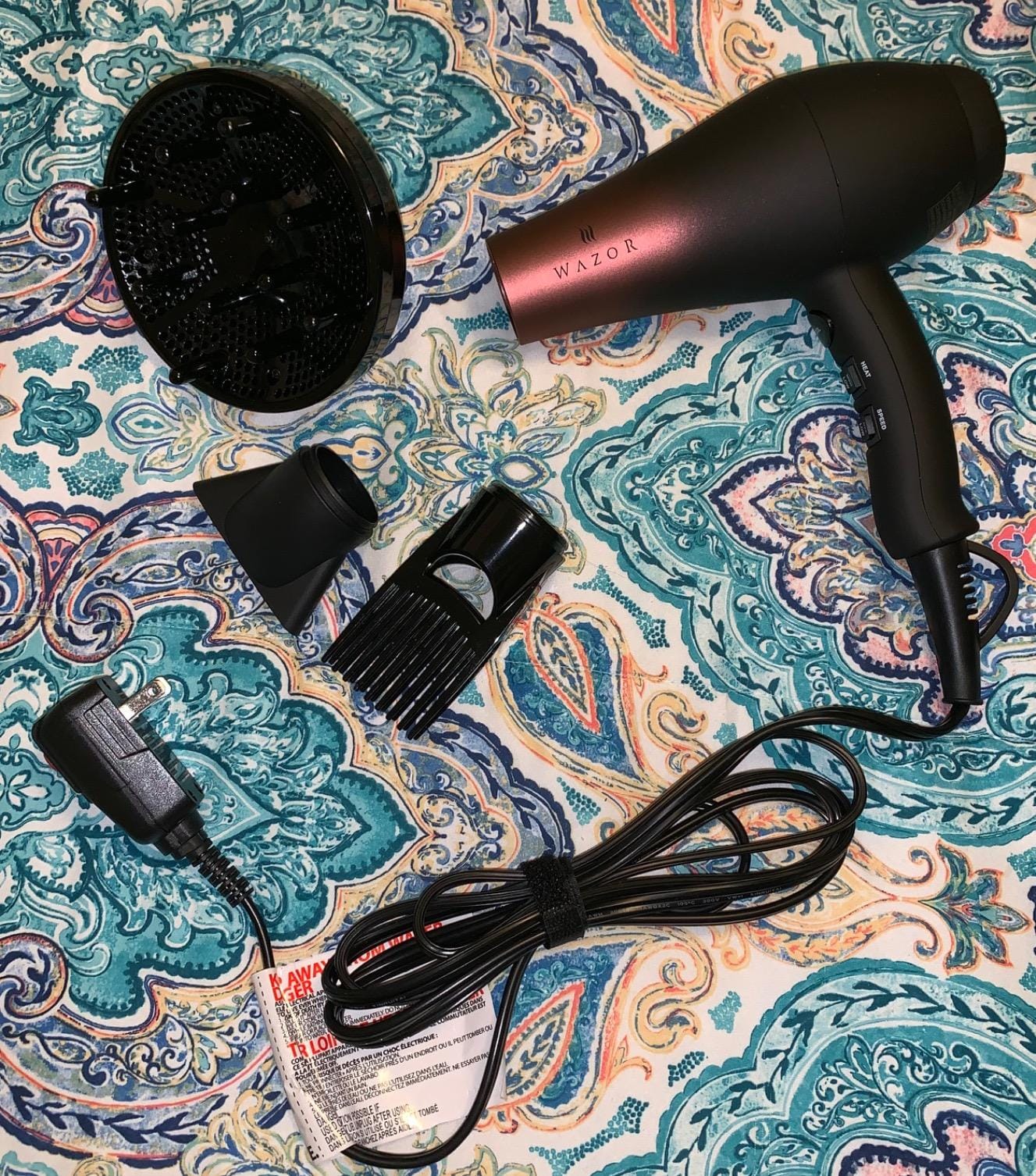 Wazor Professional Ionic Hair Dryer with Diffuser, Infrared Salon Grade Blow Dryer with Comb Attachment, 1875W Powerful Quiet Hair Blow Dryer, Tourmaline Ceramic Hairdryer with Nozzle, Black customer photo 1