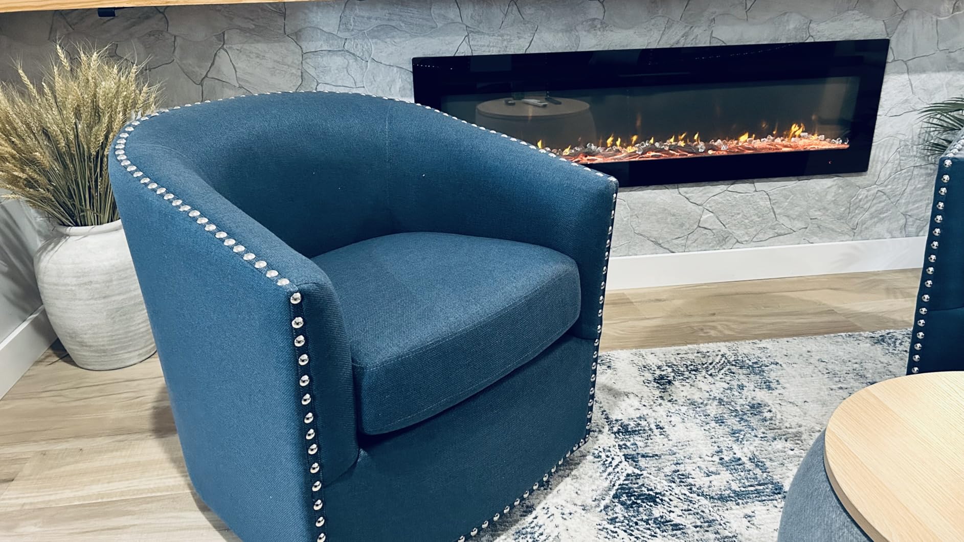 Madison Park Swivel Barrel Accent Chair, Upholstered Curved Back with 7-Inch Thick Woven Cushion, 360° Swivel, Nailhead Trim, Comfy Chair for Living Room, Bedroom, Office, 28