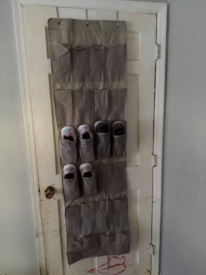 Amazon Basics 24 Medium Mesh Pocket Over-the-Door Hanging Shoe Organizer, Space Saving Shoe Storage, Light Grey customer photo 2