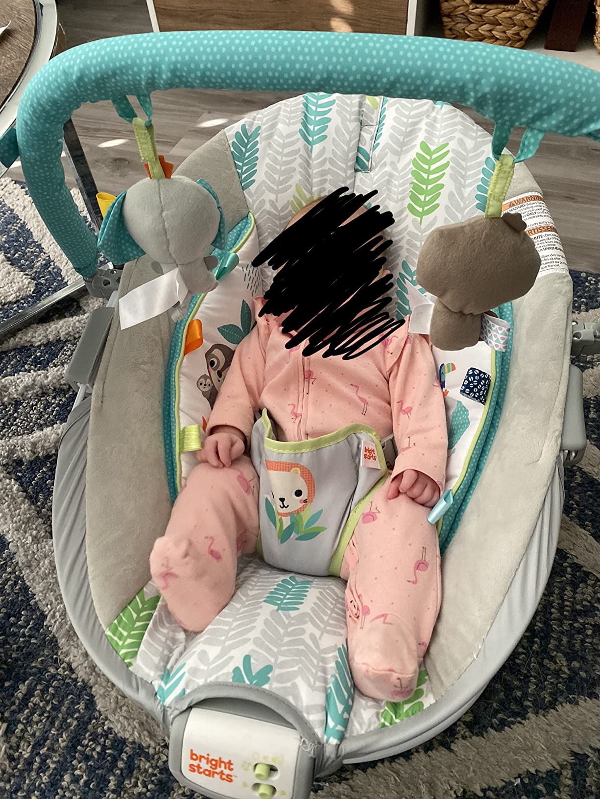 Bright Starts Comfy Baby Bouncer Soothing Vibrations Infant Seat - Taggies, Music, Removable -Toy Bar, 0-6 Months Up to 20 lbs (Whimsical Wild) customer photo 1