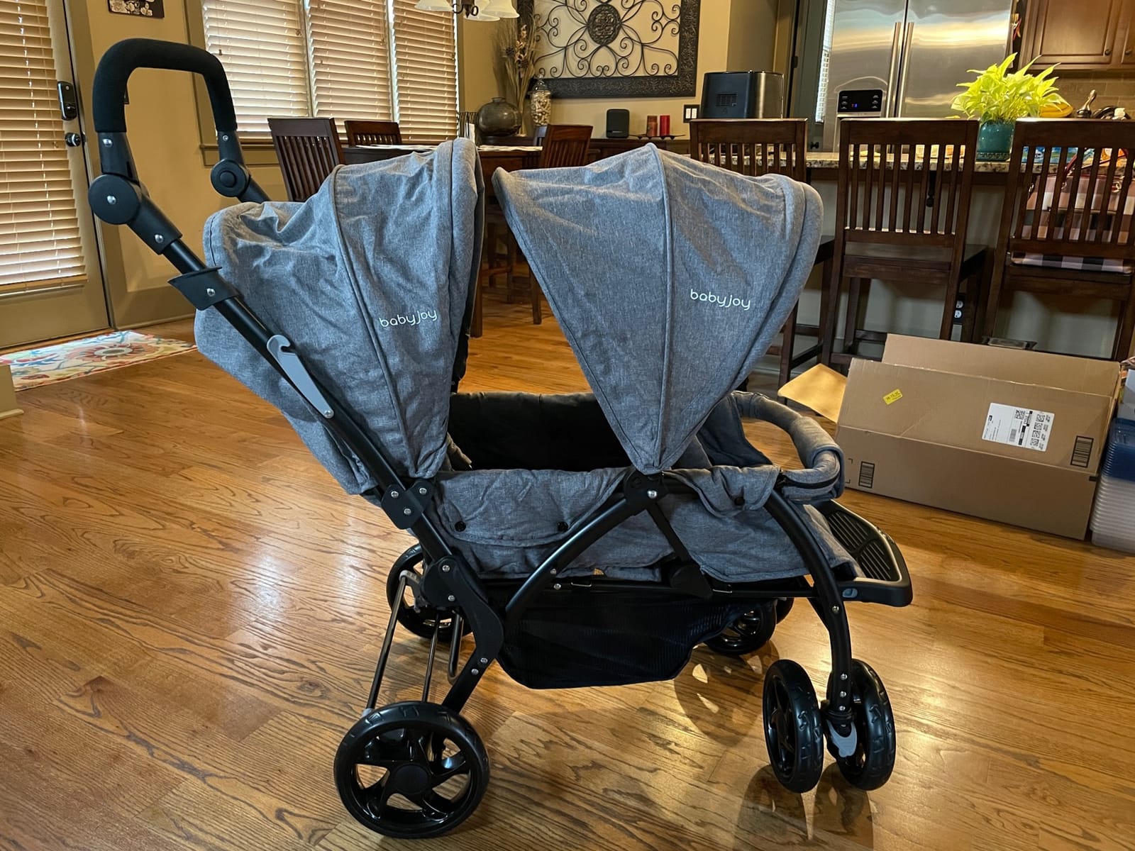 BABY JOY Double Stroller, Foldable Lightweight Twin Stroller with Tandem Seating, Adjustable Backrest/Canopy/Footrest, 5-Point Harness, Storage Basket, Newborn and Toddler (Black) customer photo 1