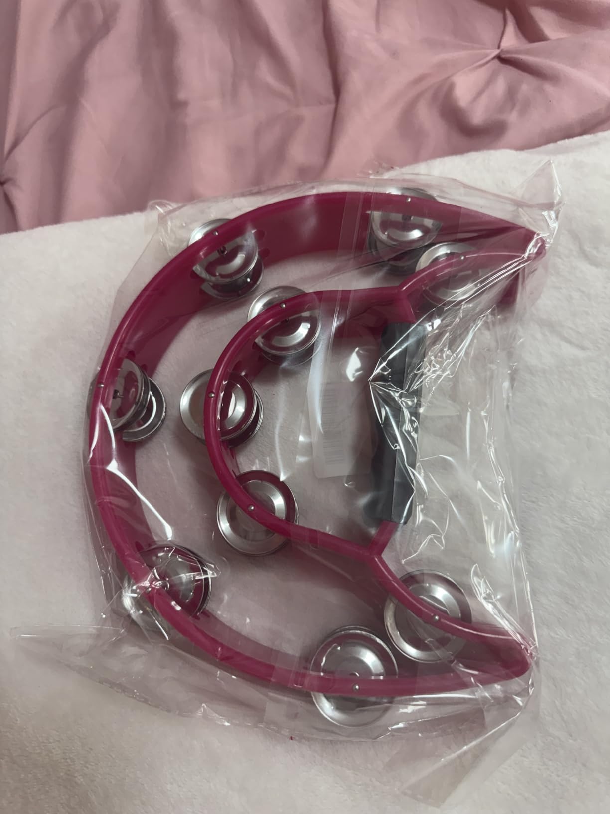 Half Moon Musical Tambourine Double Row Metal Jingles Hand Held Percussion Drum Multicolor for KTV Party with Ergonomic Handle Grip (Red) customer photo 1