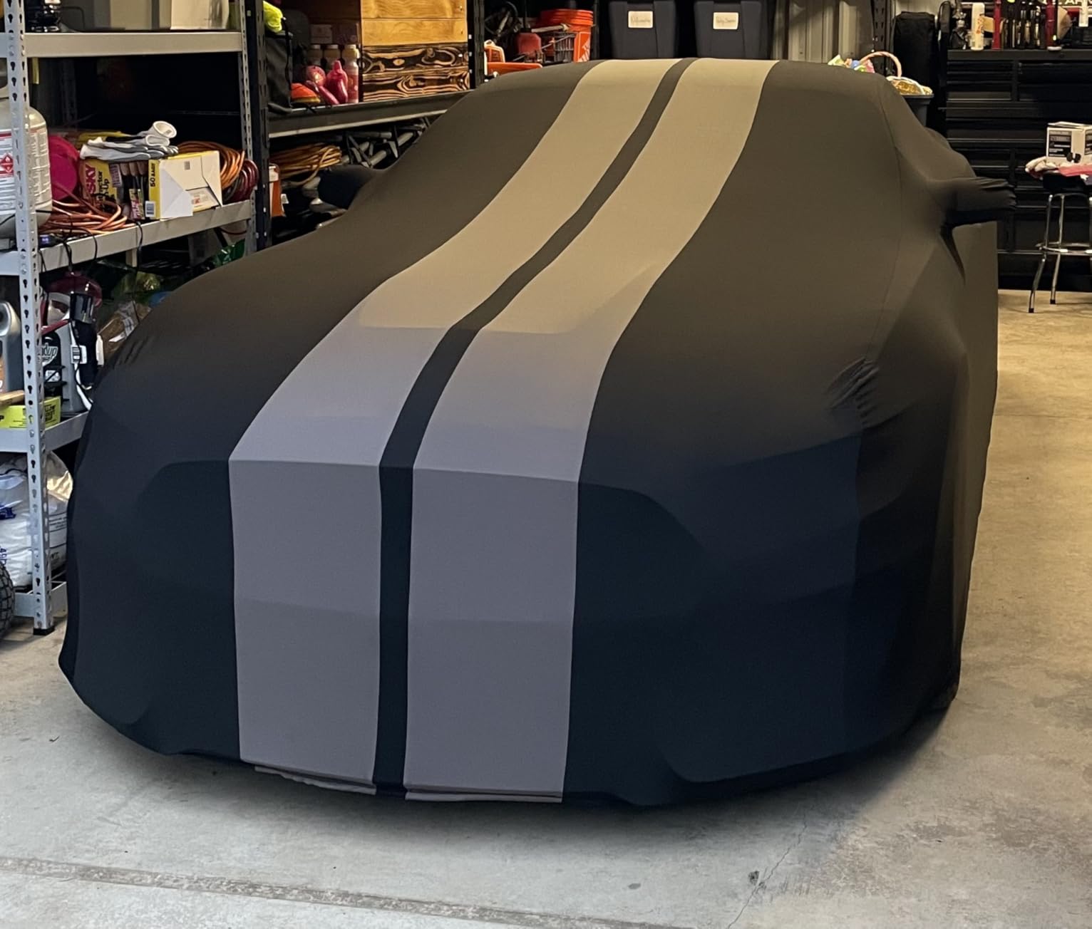 SR1 Performance USA Mustang Indoor Car Cover 2005–2024 – Ultraguard Stretch Satin Custom Fit, Dust Cover, Breathable Scratch-Resistant Sport Series Stripe (Black/Gray) customer photo 1