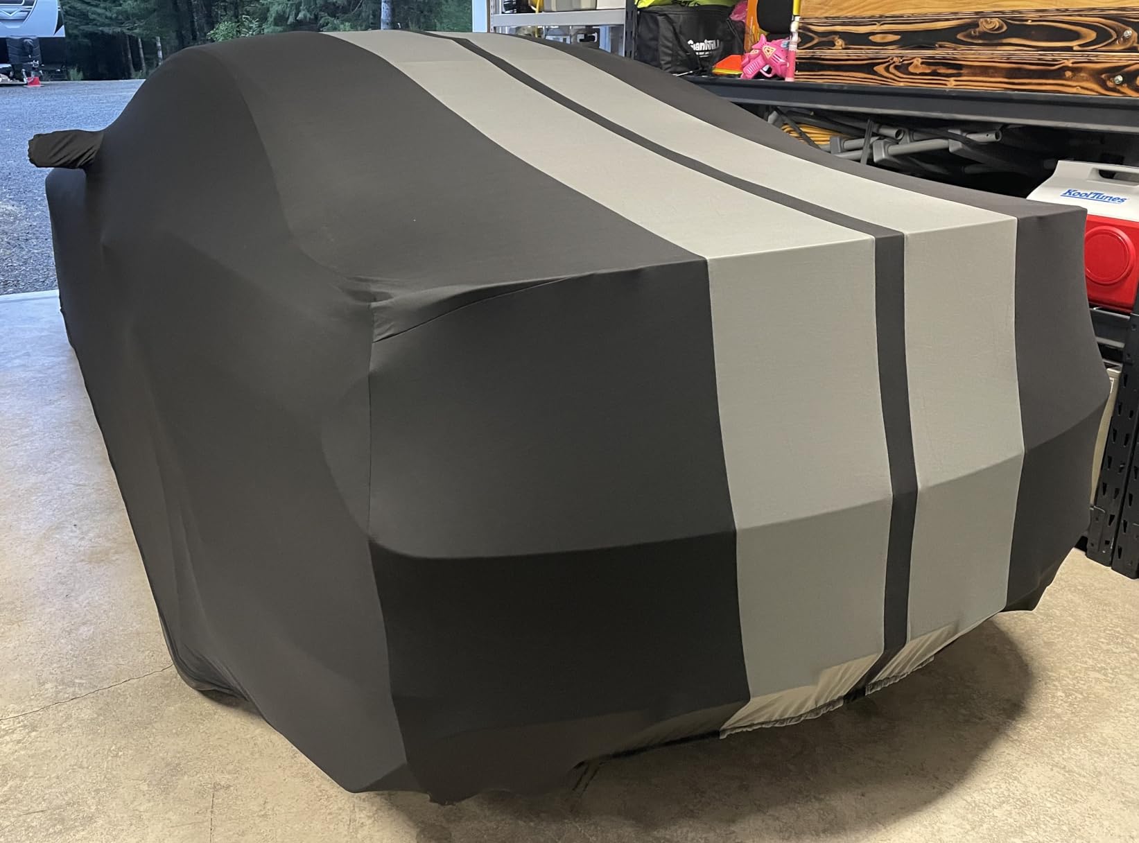 SR1 Performance USA Mustang Indoor Car Cover 2005–2024 – Ultraguard Stretch Satin Custom Fit, Dust Cover, Breathable Scratch-Resistant Sport Series Stripe (Black/Gray) customer photo 2