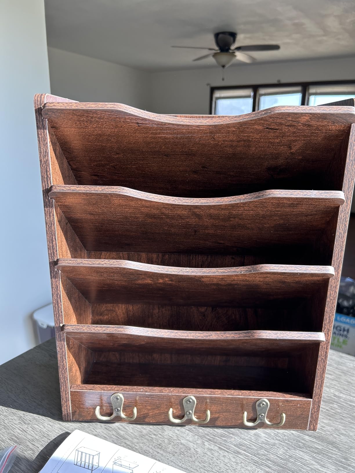 PAG-Mass 5-Tier Wall File Holder Hanging Mail Organizer Wood Magazine Literature Rack with 6 Hooks, Brown customer photo 1