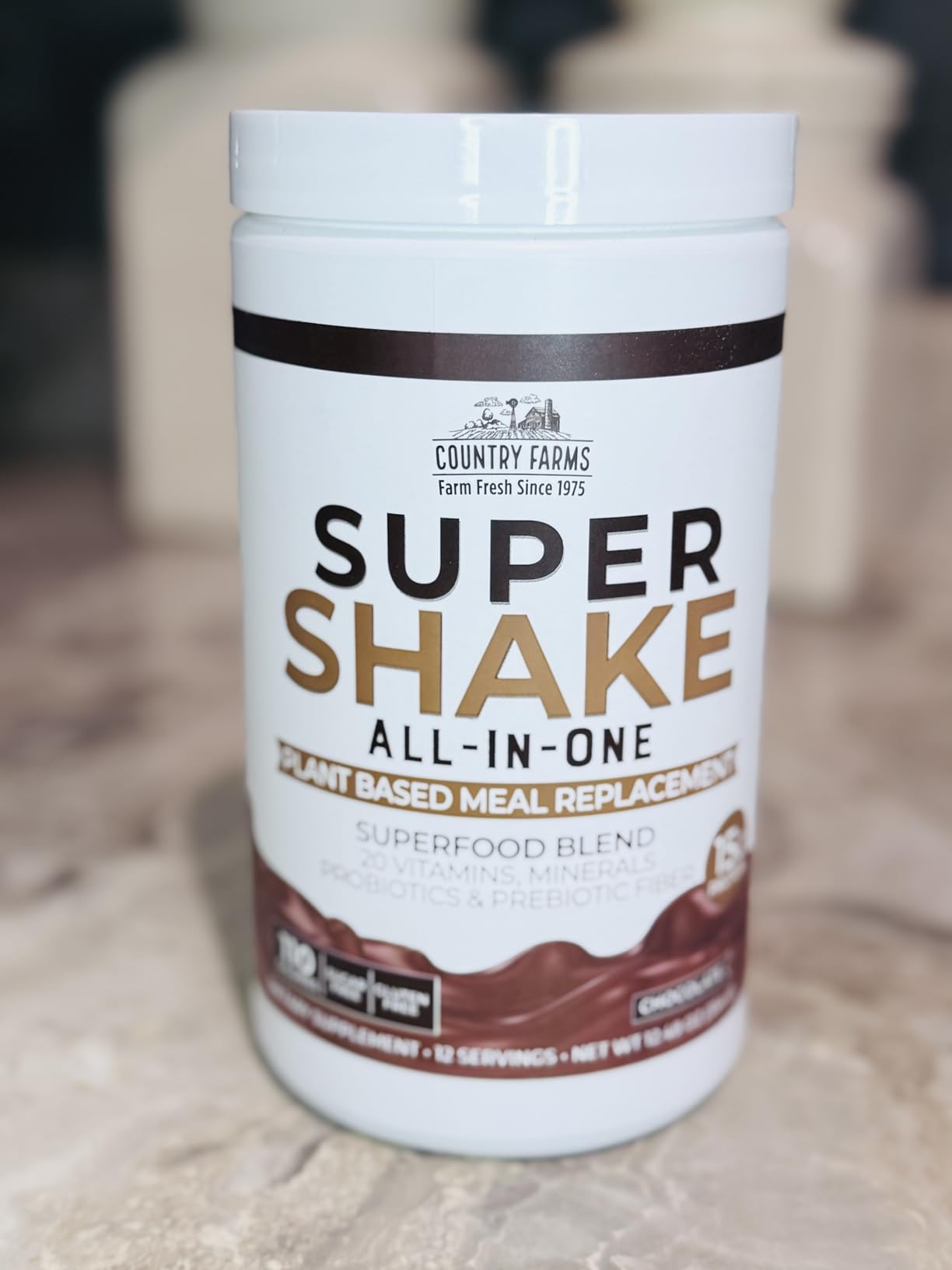 Country Farms All-in-One Super Shake Meal Replacement 15g Plant Protein Dietary Supplement with Superfoods, Vitamins, Probiotics and Prebiotics, 12 Servings, Chocolate, 12.48 Oz customer photo 2