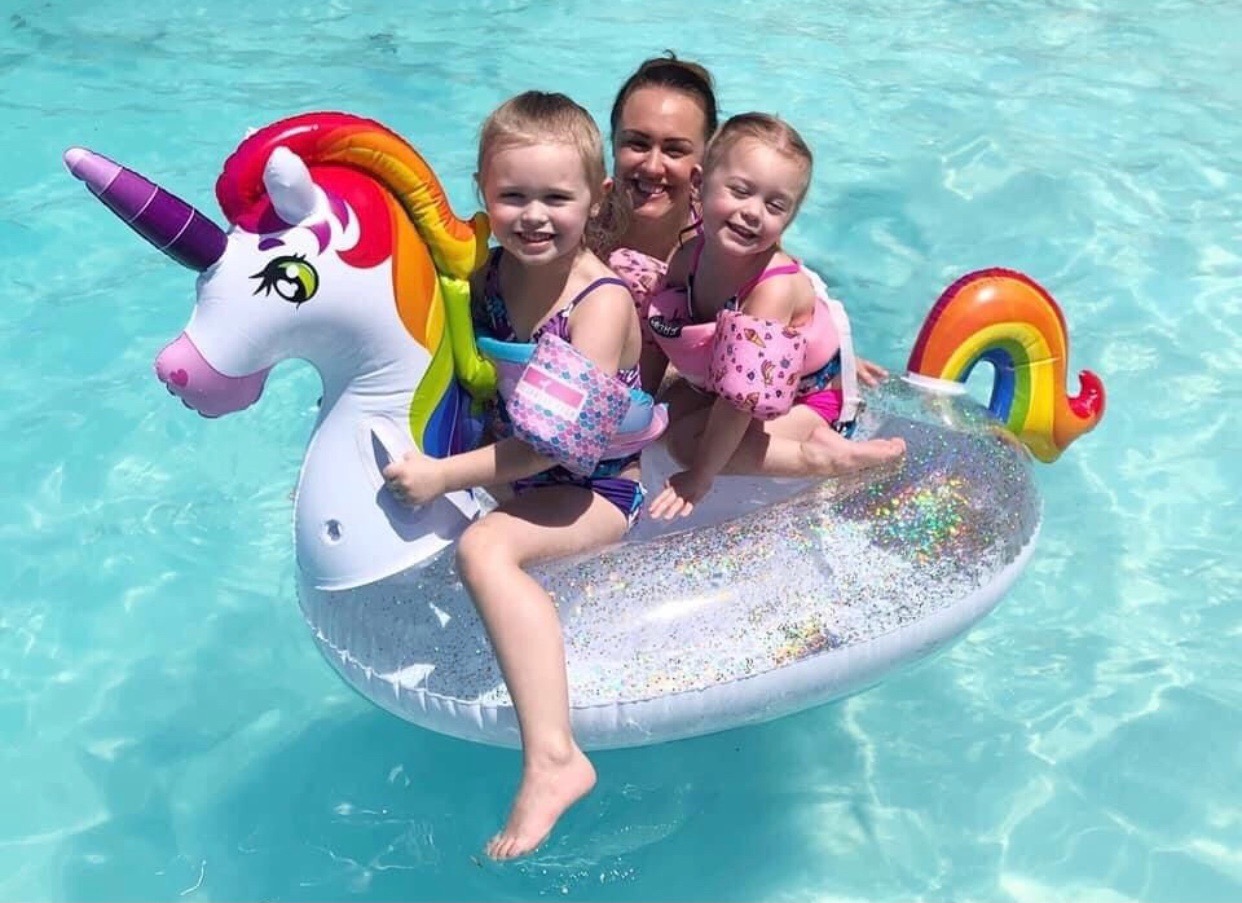 JOYIN Unicorn Pool Float Kids - Inflatable Rainbow Unicorn Floaty with Glitters Fun Floats, Ride On Beach Lake Floaties Raft Lounge, Party in Summer Decorations Pool Toys for Kids customer photo 2