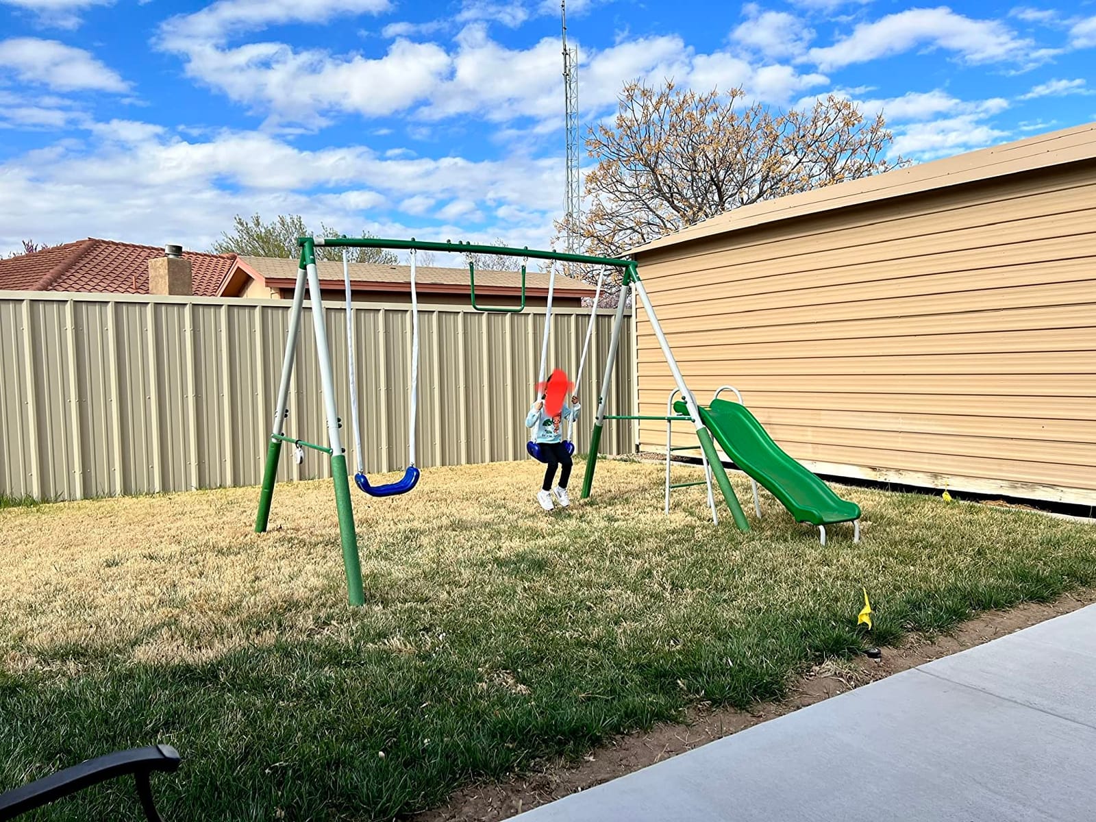 Sportspower Outdoor Backyard 400lbs My 1st Metal Swing Set for Kids 3-8 with Trapeze, on 5ft Slide, 6.1ft Durable Steel Frame – Amazon Exclusive customer photo 1
