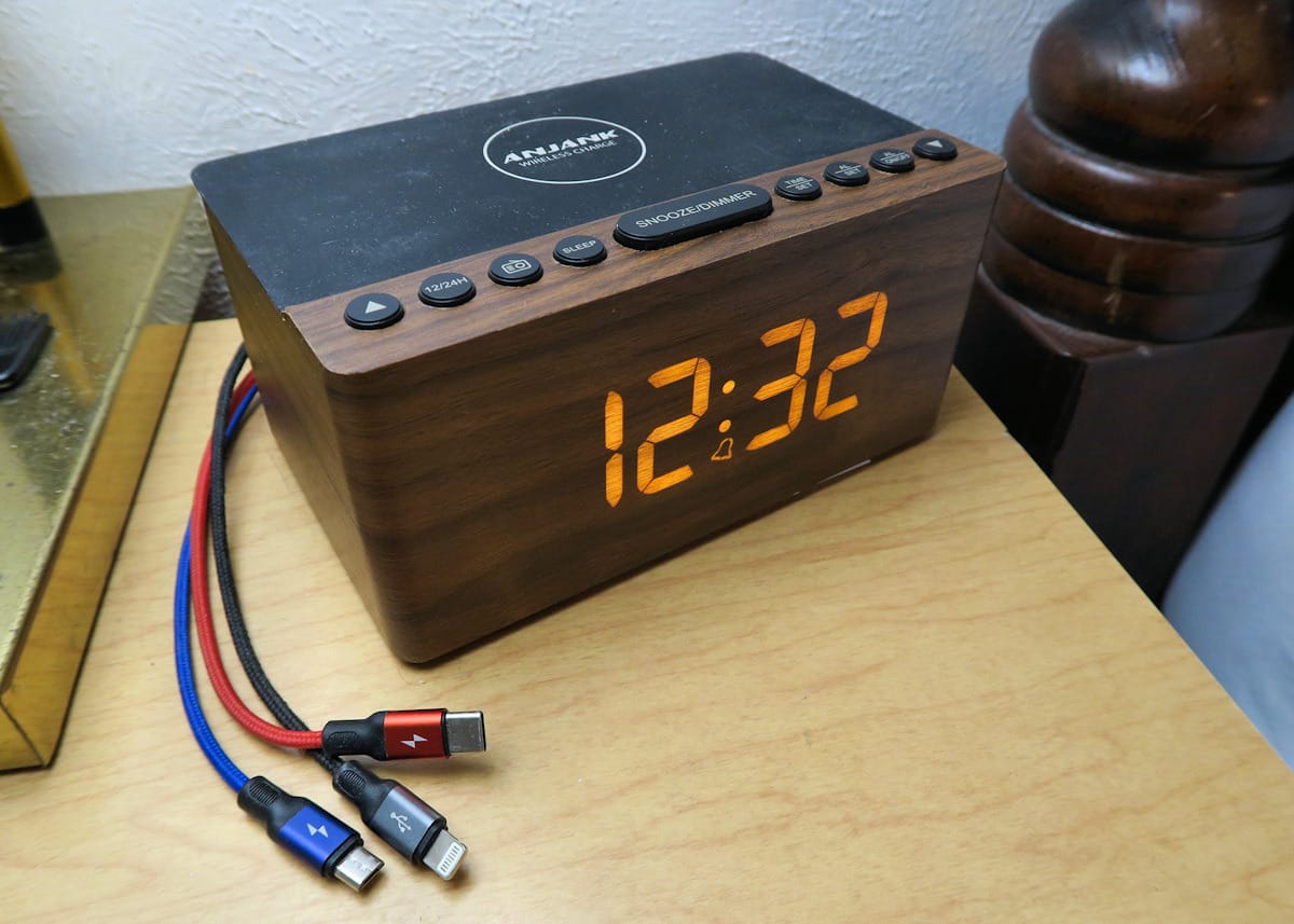 ANJANK Wooden Digital LED Alarm Clock FM Radio, Fast Wireless Charger Station for iPhone/Samsung Galaxy, 5 Level Dimmer, USB Charging Port, 9 Sounds, Sleep Timer for Bedroom, Bedside, Desk customer photo 1