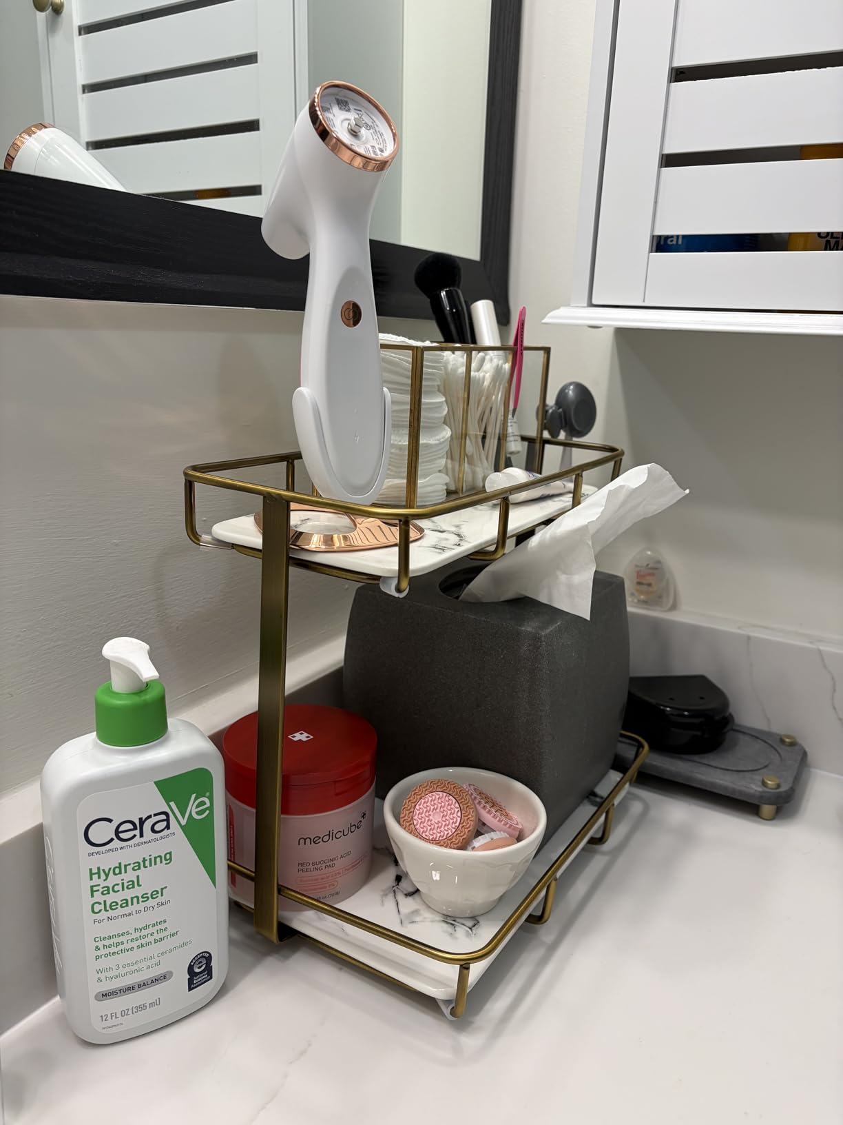 Bathroom Organizer Countertop Perfume Organizer Makeup Organizer Cosmetics Storage Display Rack Vanity Tray Dresser Stainless Steel Gold Shelf White Marble Ceramic Tray customer photo 1