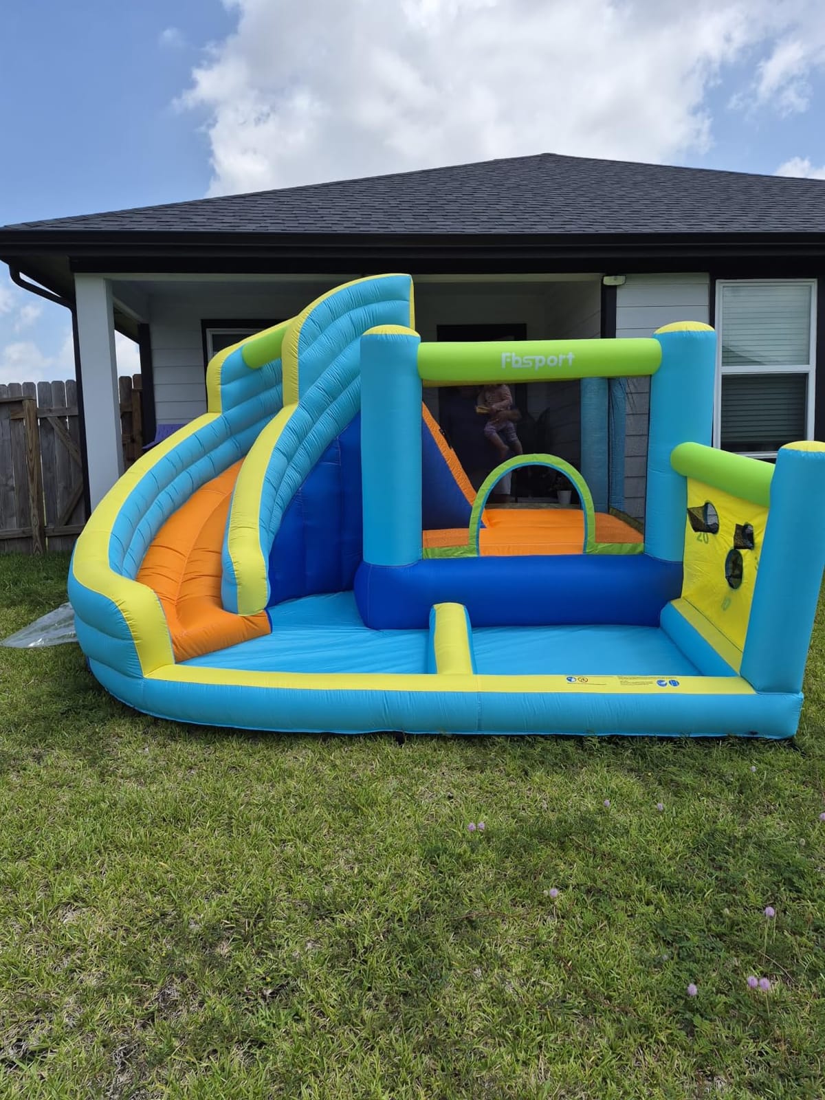 FBSPORT Inflatable Bounce House, Water Slide Park Slide Bouncer with Ball Shooting, Climbing Wall, Jumping and Splash Pool, Kids Bouncy Castle with 450W Air Blower for Outdoor Backyard customer photo 2