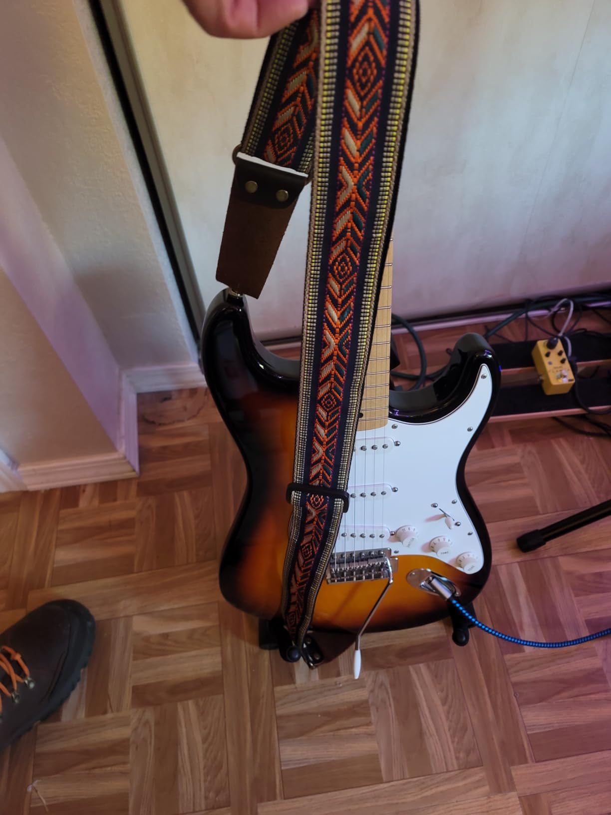 Nefelibata Guitar Strap, Embroidered Cotton Guitar Straps with Head Cowhide Leather Ends for Bass, Electric & Acoustic Guitars, with Free Strap Button, 1 Pair Strap Locks and 4 Guitar Picks (Saffron) customer photo 2