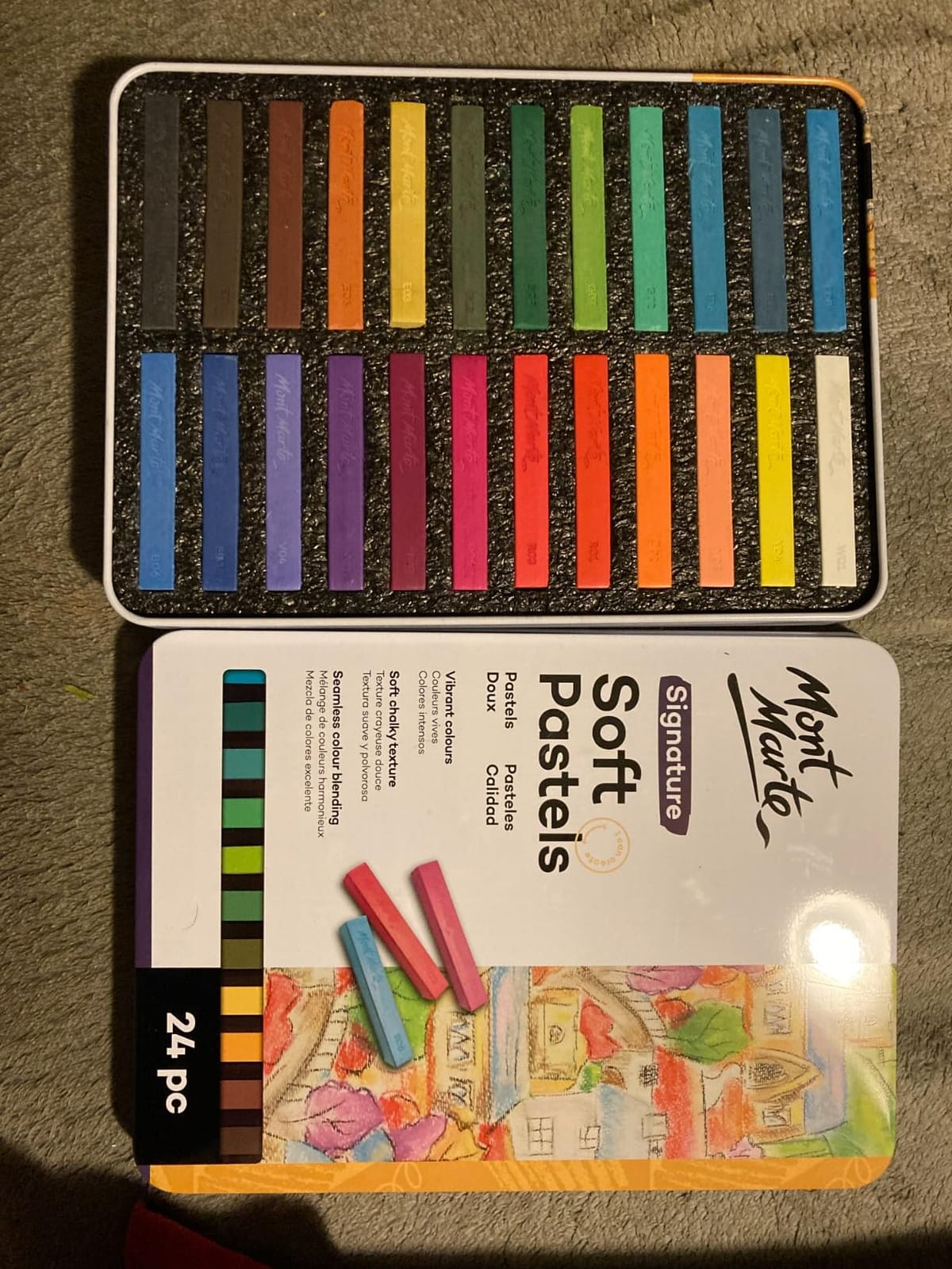 Mont Marte Soft Pastels in Tin Box Signature 48pc, 48 Assorted Colors, Vibrant Pastel Sticks, Great Blending, Comes in Storage Case, Ideal for Art, Craft, Coloring and Sketching customer photo 1