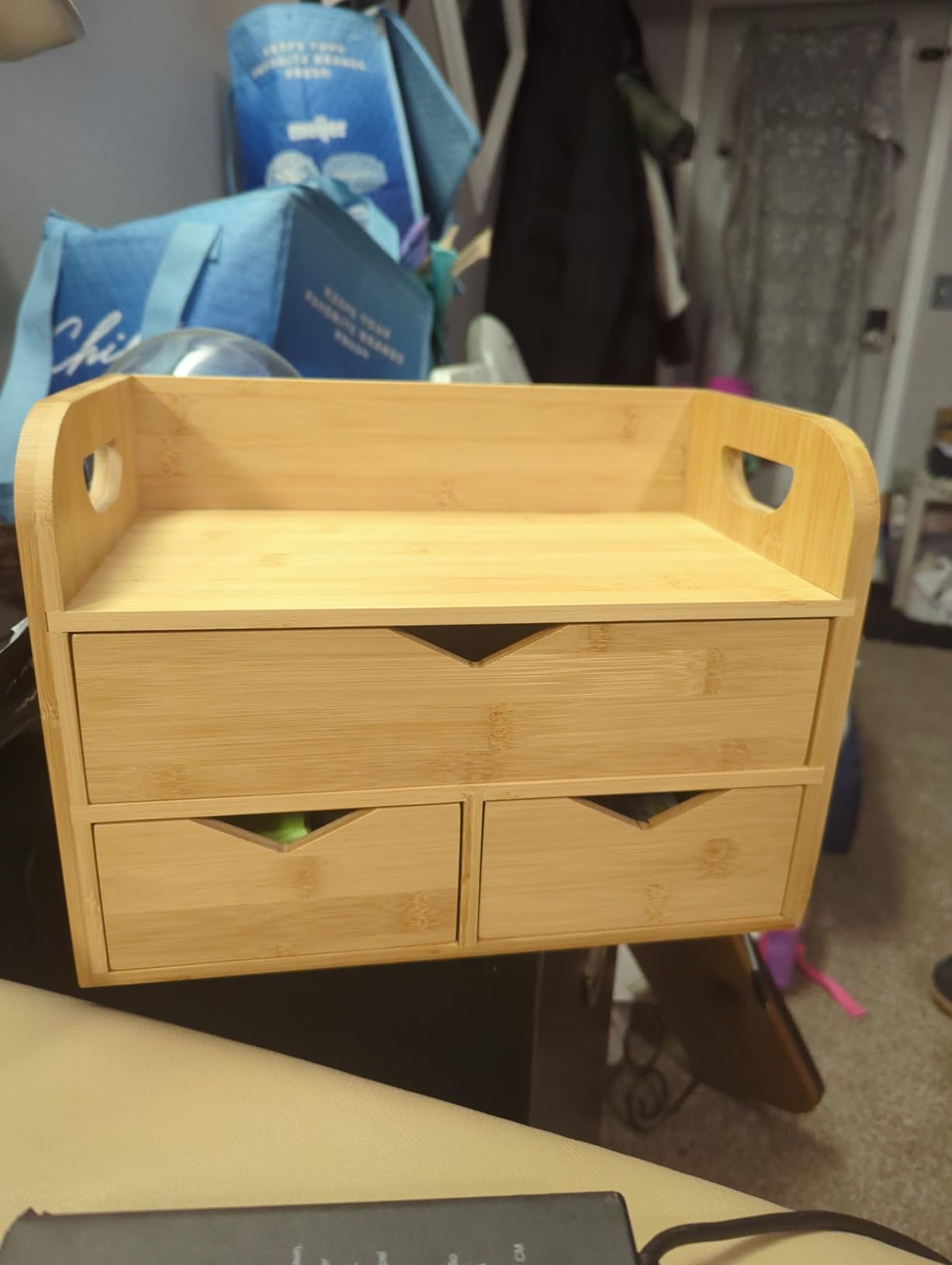 Hacaroa 3 Tier Bamboo Desktop Organizer with 3 Drawers, Tabletop Craft Box Cosmetic Storage Drawer with Handle, Portable Desk Letter Mail Sorter for Office Supply, Toiletries customer photo 1