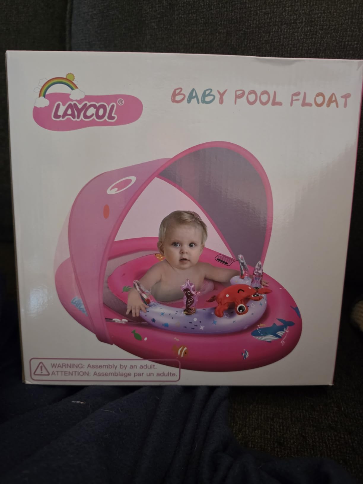 LAYCOL Baby Pool Float with Canopy UPF50+, 120°Adjustable Sun Protection and Anti-Tip Safety Seat, Inflatable Toddler Floaties Infant Pool Float with Animal Pool Toys, Baby Beach Essentials for 6-36M customer photo 1
