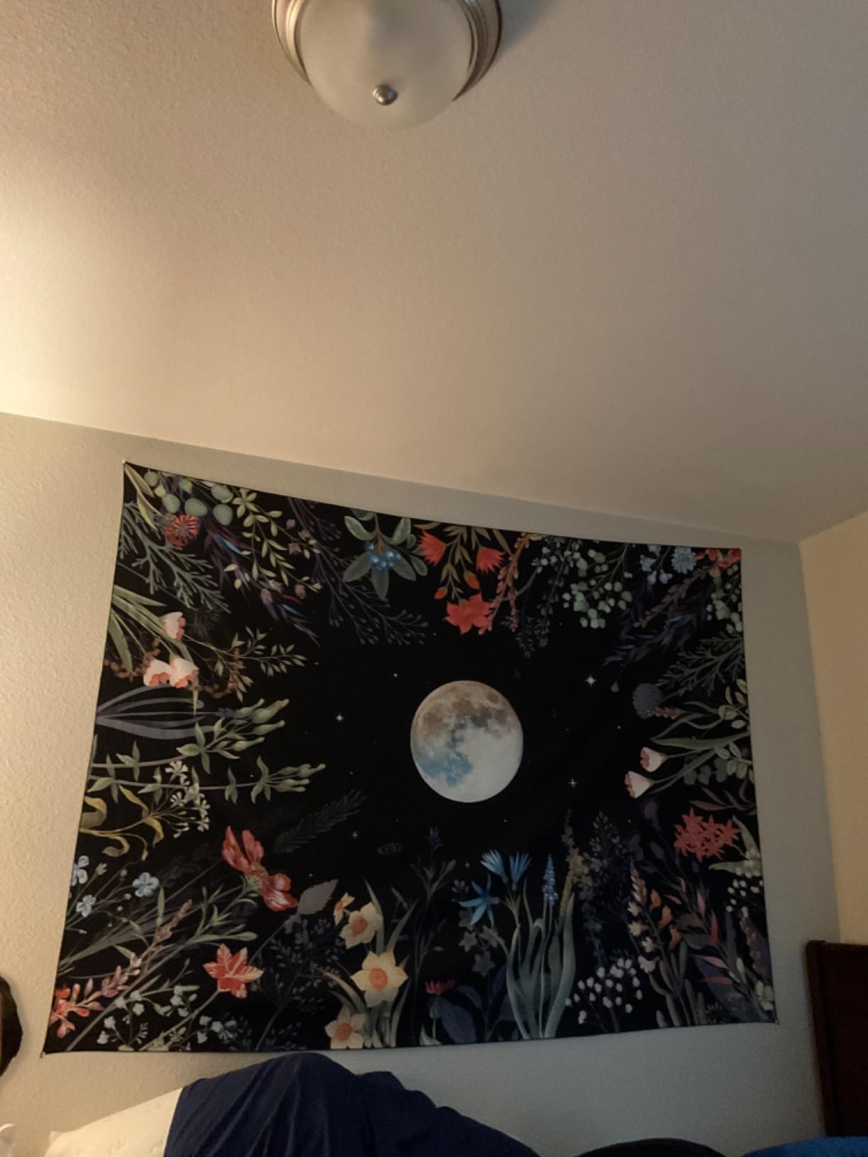 Amhokhui Moonlit Garden Tapestry Boho Moon Tapestry Floral Flower Tapestries Colorful Plants Tapestries Black Wall Hanging Decor for Home customer photo 2