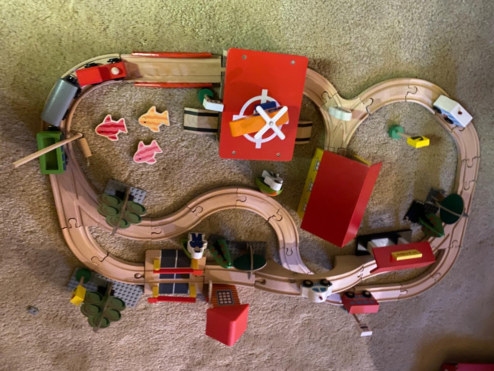 KipiPol Wooden Train Sets for Boys 3-4-7 – 38 Pcs Wood Train Set for Kids w/Crane, Bridge & Wooden Train Tracks – Train Toys for 3 Year Old Boys & Girls – Fits Thomas Brio IKEA Melissa and Doug customer photo 1