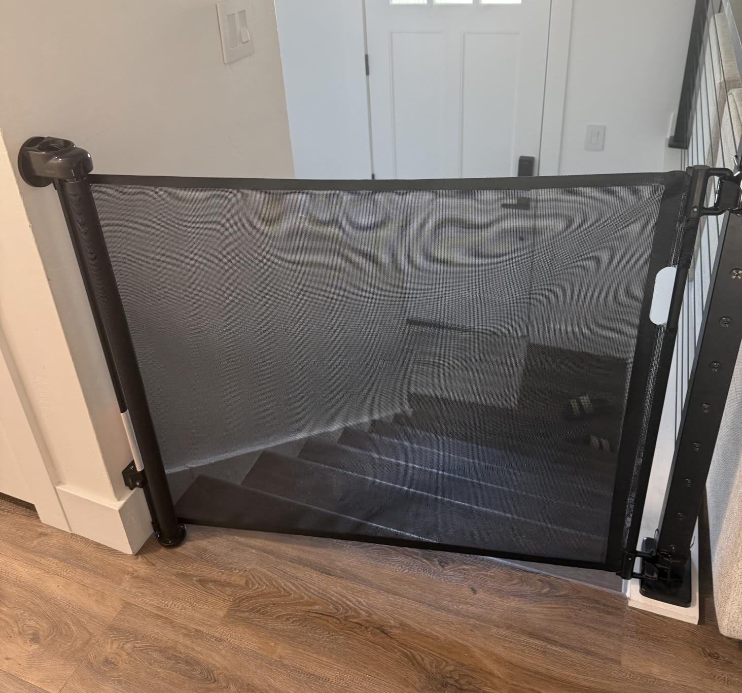 Retractable Baby Gate for Stairs – 33” Height, Expands up to 55” Width – Safety Gate for Infants, Toddlers, Dogs & Pets – Easy Install, Secure Closure, Gray Mesh Design for Indoor & Outdoor Use customer photo 1