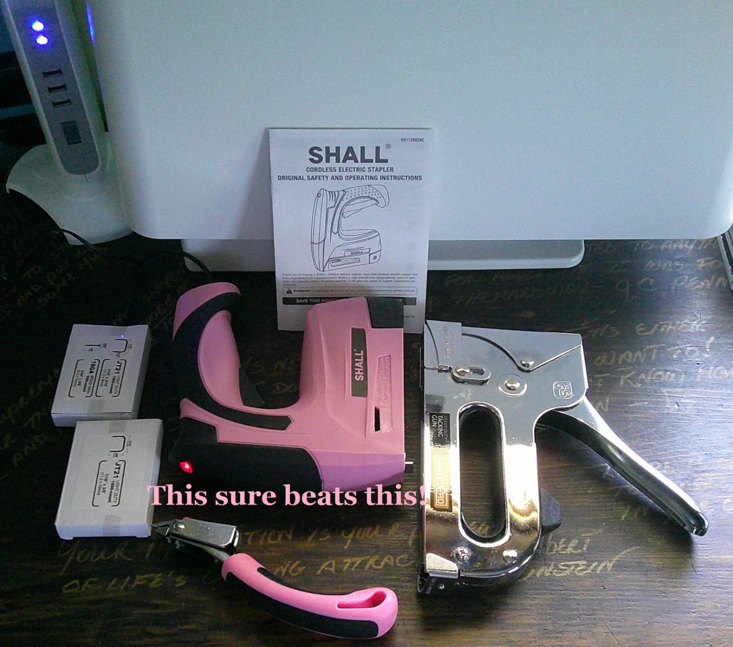 SHALL Pink Electric Staple Gun, 2 in 1 Cordless Upholstery Stapler Nail Gun for Wood, 4V Rechargeable Brad Nailer Kit w/ 2500 Staples Nails, Staple Remover & Fast Charger for Crafts, DIY, Decoration customer photo 1