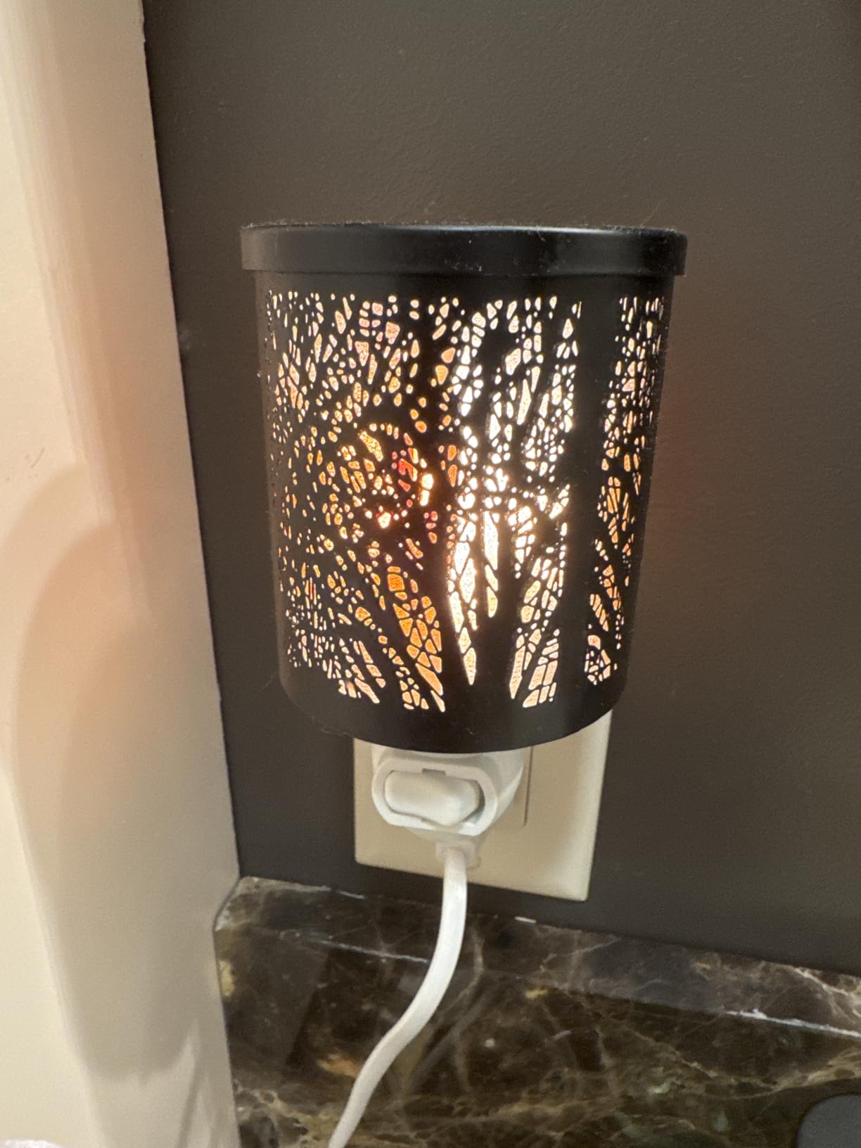 inrorans Wall Plug in Wax Warmer Metal Black Wax Burner with Removable Dish,Fragrance Oil Warmer Night Light for Home Bedroom Room(Black Forest Tree Pattern) customer photo 1