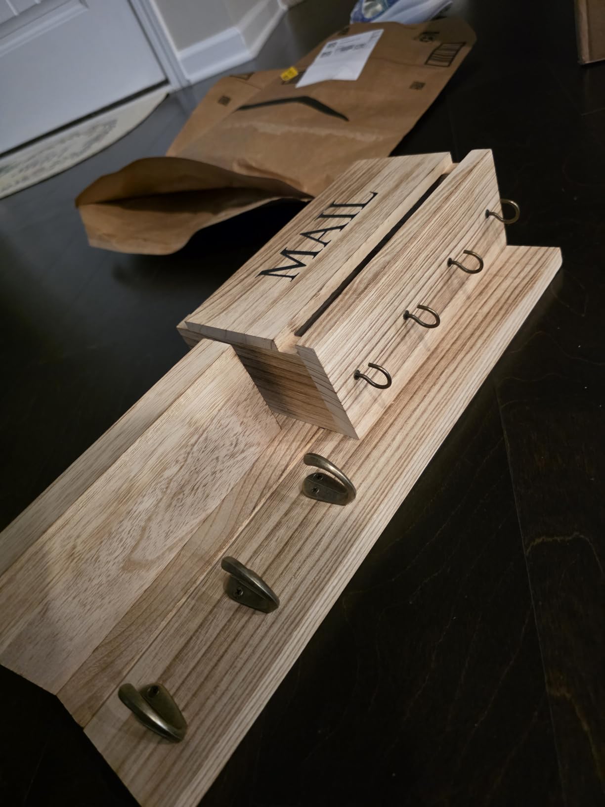 Lwenki Mail Organizer for Wall Mount – Key Holder with Shelf Includes Letter Holder and Hooks for Hallway Farmhouse Decor – Rustic Wood with Flush Mounting Hardware (16.5” x 9.1” x 3.4”) (White) customer photo 2