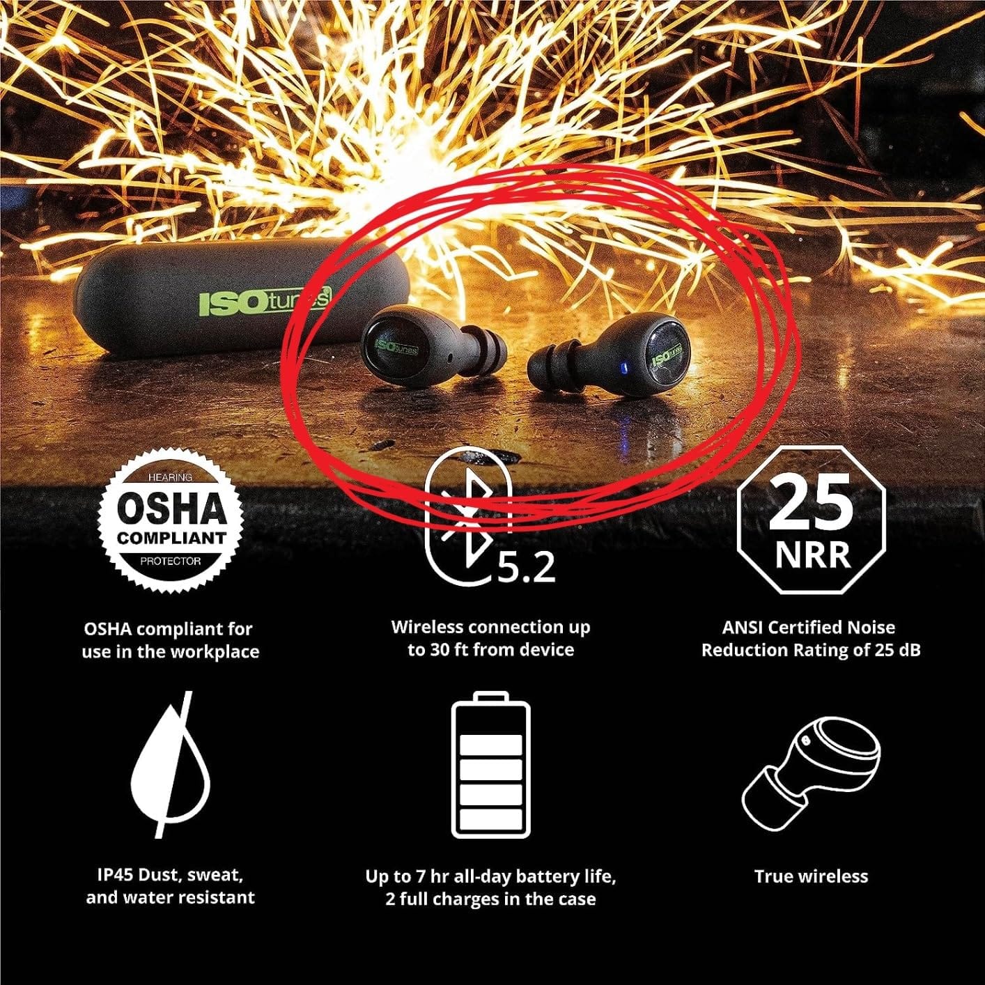 ISOtunes Free 2.0 Bluetooth Hearing Protection, OSHA Compliant Work Earbuds | 25 dB NRR, wireless earplug headphones, OSHA approved, true wireless Bluetooth, designed for work customer photo 1