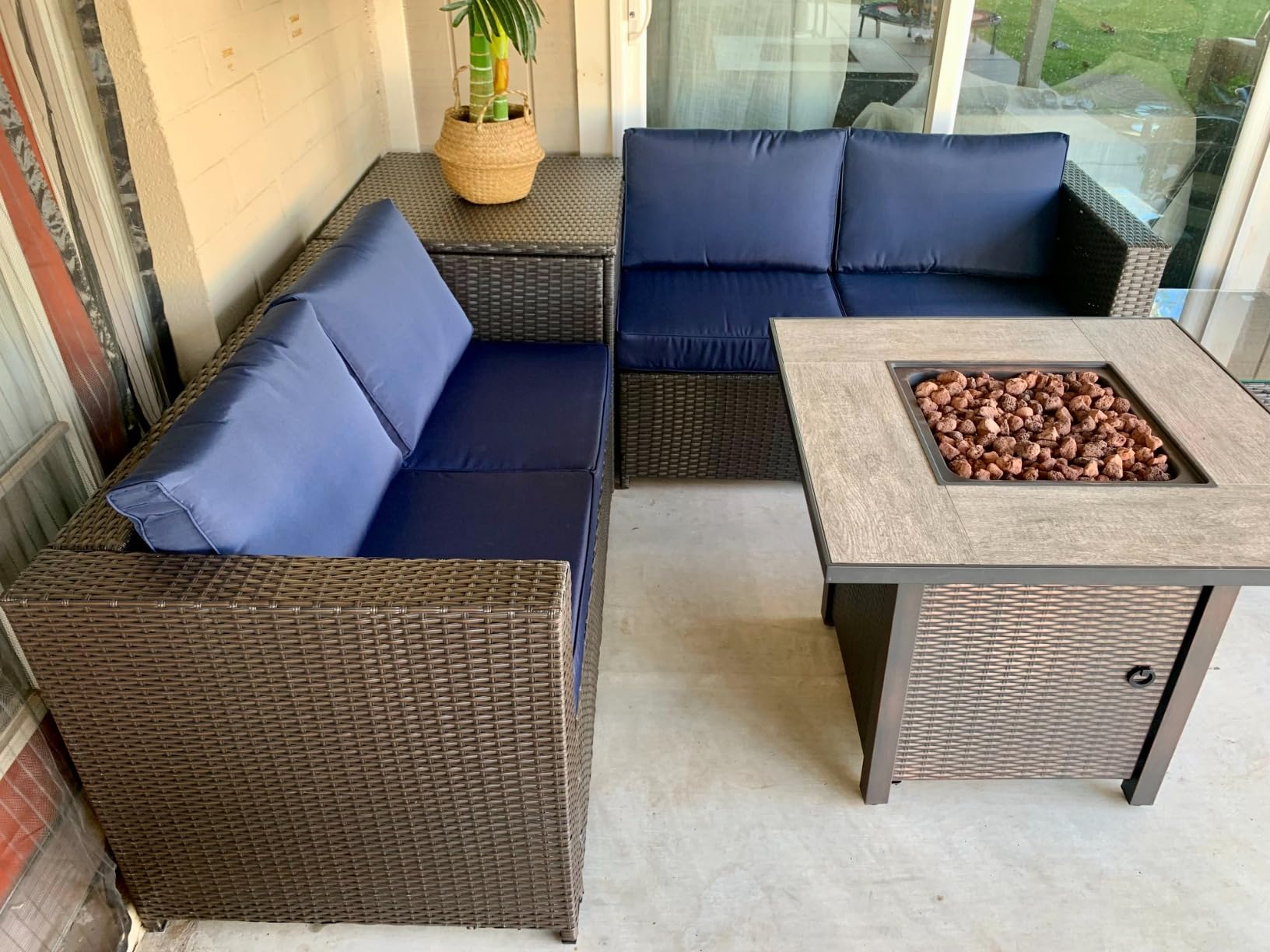 Tangkula 5-Piece Patio Furniture Set with 30 Inches Gas Fire Pit Table, Outdoor Wicker Conversation Sectional Sofa Set with Storage Box and Coffee Table, 50,000 BTU Propane Fire Pit Table (Navy) customer photo 2