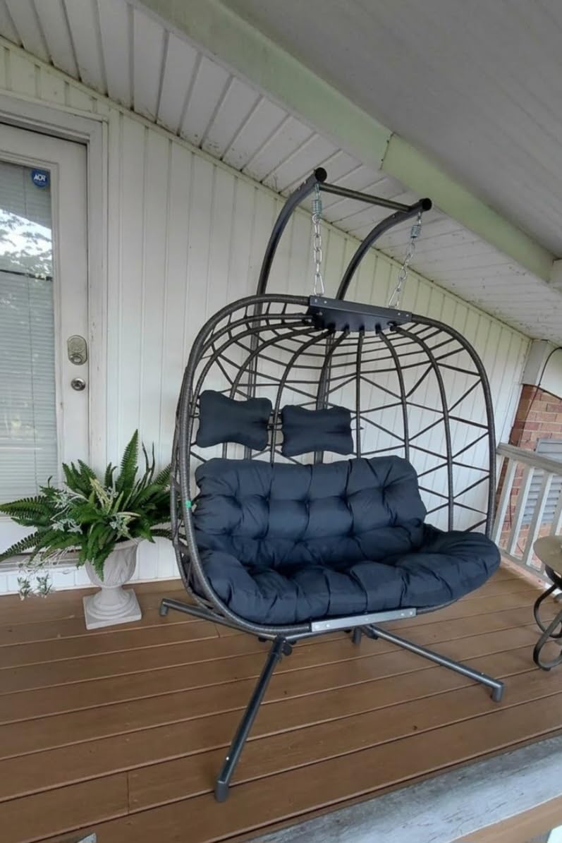 NICESOUL Double Swing Egg Chair with Stand, Extra Large 2 Person Indoor Outdoor Wicker Loveseat, Oversized Patio Hanging Basket Chair with Cushions, Cozy Sturdy Porch Swing for Backyard Balcony, Beige customer photo 2