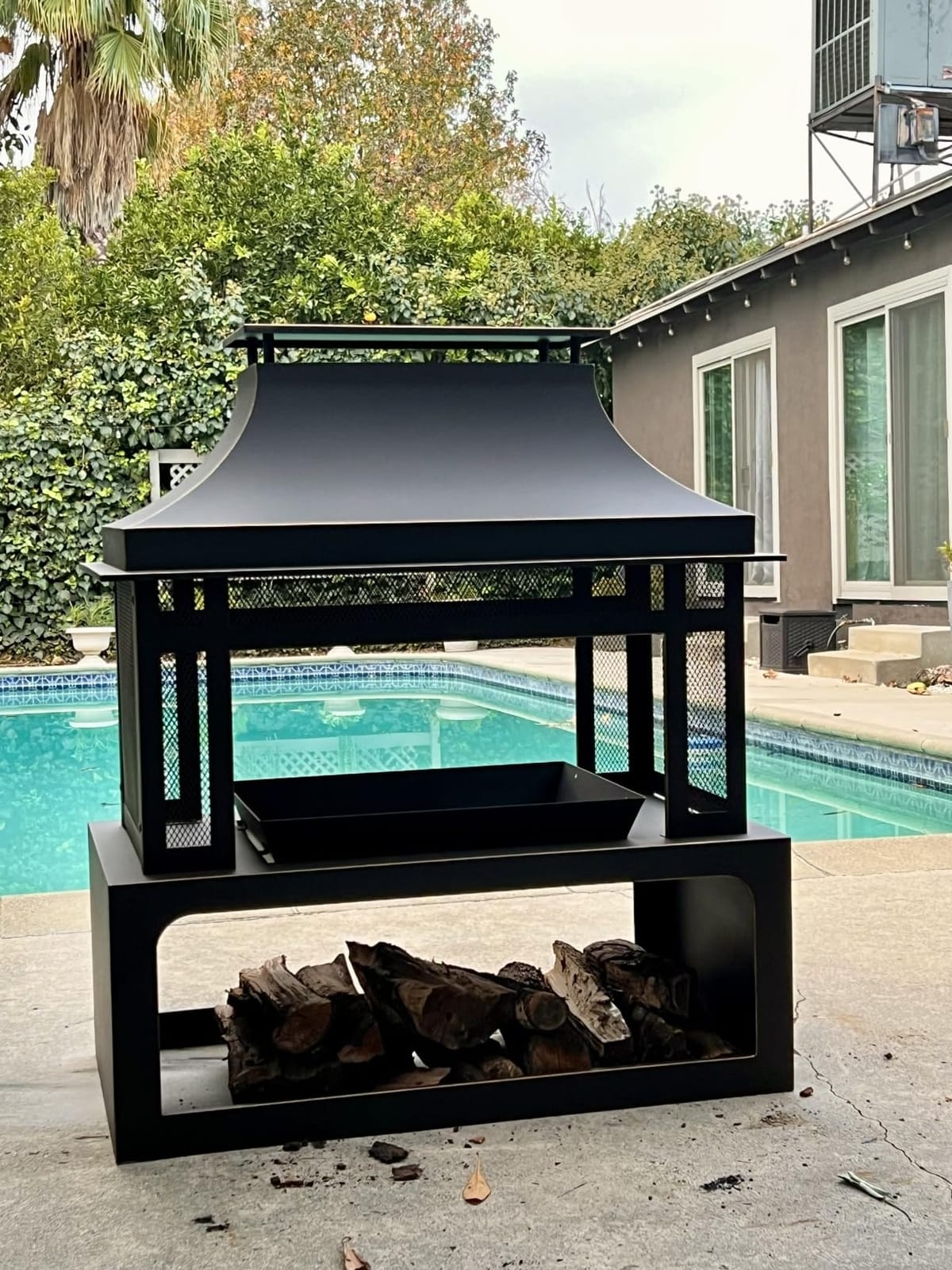 Outdoor Wood Burning Fireplace with Wood Storage and Removable Fire Grill - 40 Inch Large Metal Wicker Base Fire Pit for Patio Garden Deck Backyard, Black customer photo 2