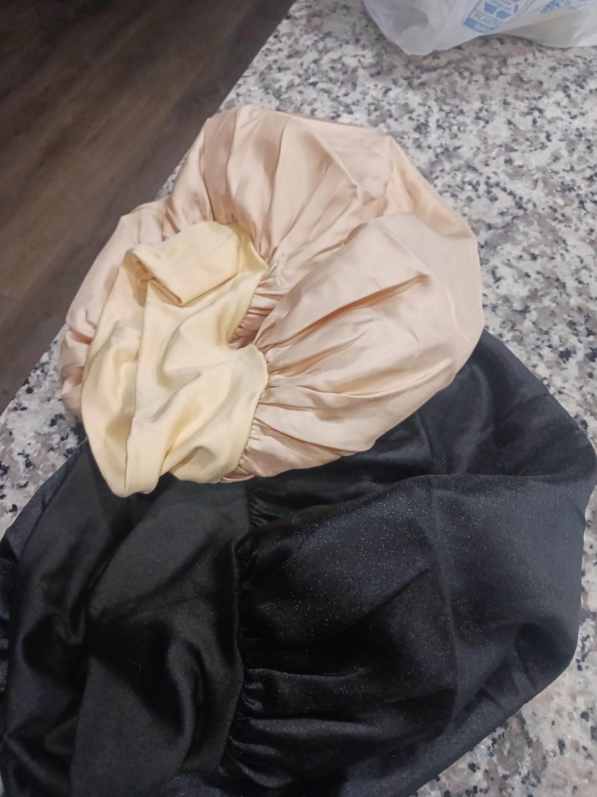 ZHENSILK 2Pcs Silk Bonnet for Sleeping, Satin Hair Bonnets, Soft Elastic Band Silk Sleep Cap, Hair Wrap for Women (Black Gold) customer photo 1