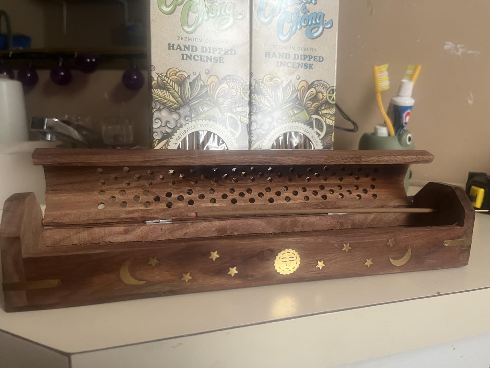 COTTON CRAFT Sheesham Wood Incense Burner Holder -Sun Moon Star Brass Inlay customer photo 2