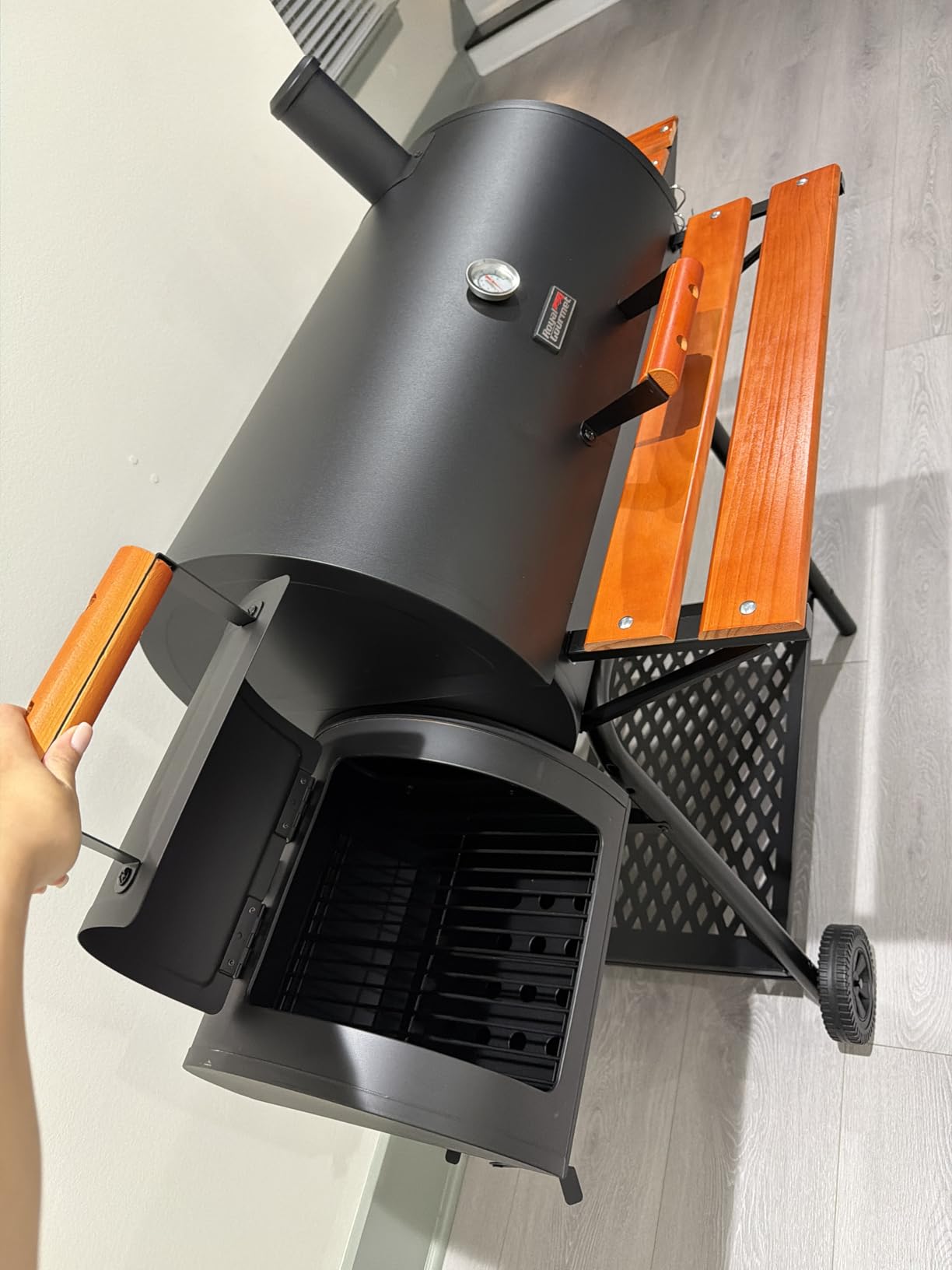 Royal Gourmet 30-Inch Charcoal Grill with Offset Smoker, Wood-Painted Table | CC1830W Outdoor Smoker Grill, 811 Sq. In., Front Table, Adjustable Fire Grates, for Outdoor Barbecue Event, Black customer photo 1