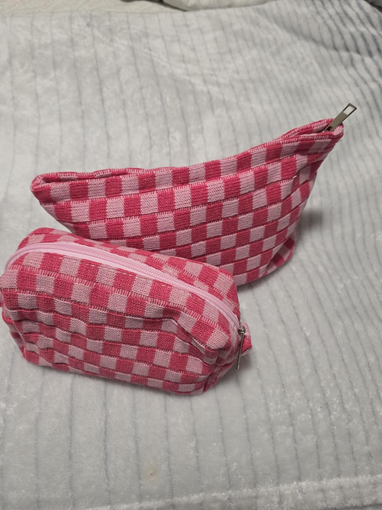 SOIDRAM 2 Pieces Makeup Bag Large Checkered Cosmetic Bag Capacity Canvas Mix Travel Toiletry Bag Organizer Cute Makeup Brushes Aesthetic Accessories Storage Bag for Women, Checkered Mix Rose Red customer photo 1