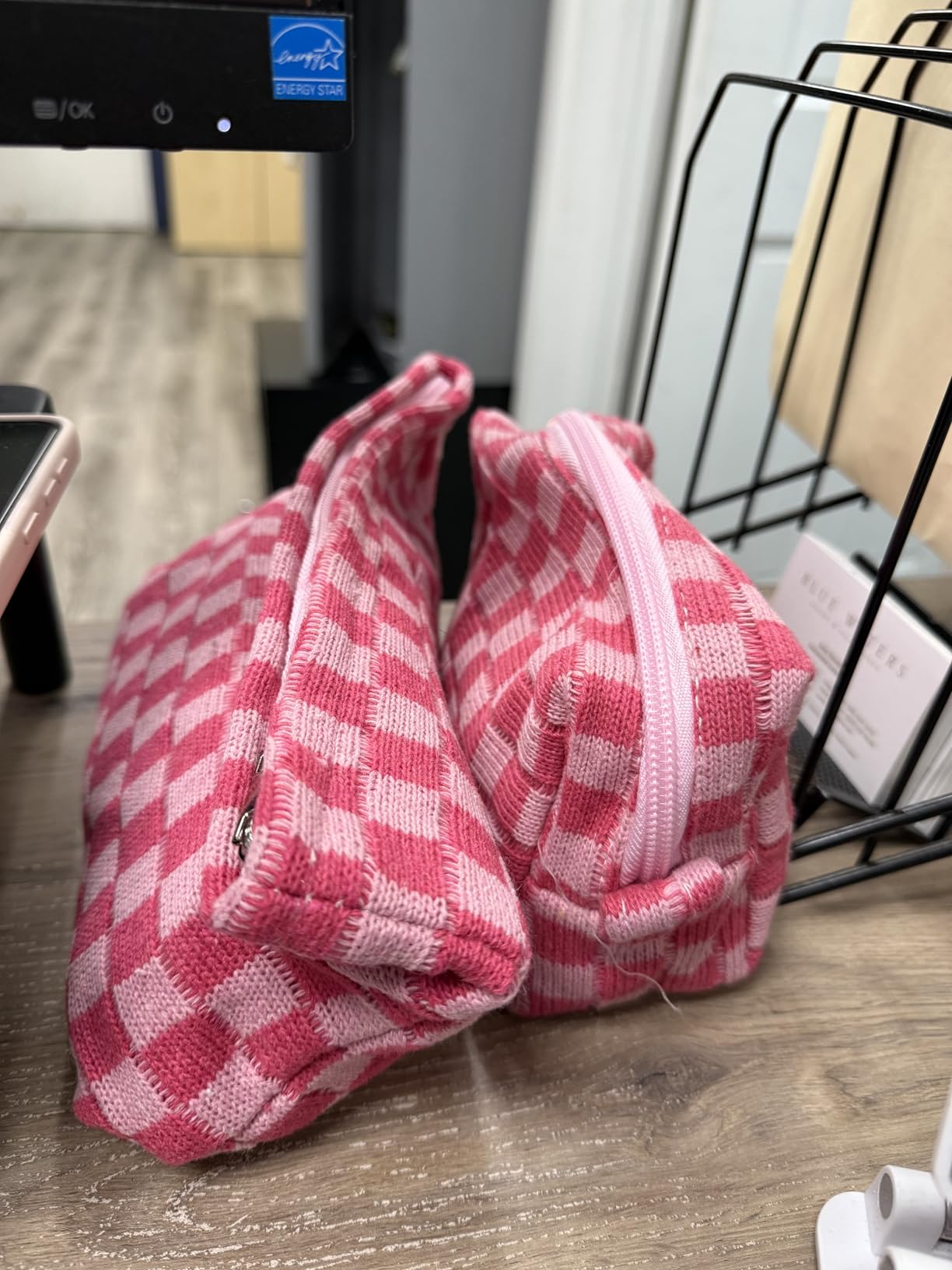 SOIDRAM 2 Pieces Makeup Bag Large Checkered Cosmetic Bag Capacity Canvas Mix Travel Toiletry Bag Organizer Cute Makeup Brushes Aesthetic Accessories Storage Bag for Women, Checkered Mix Rose Red customer photo 2