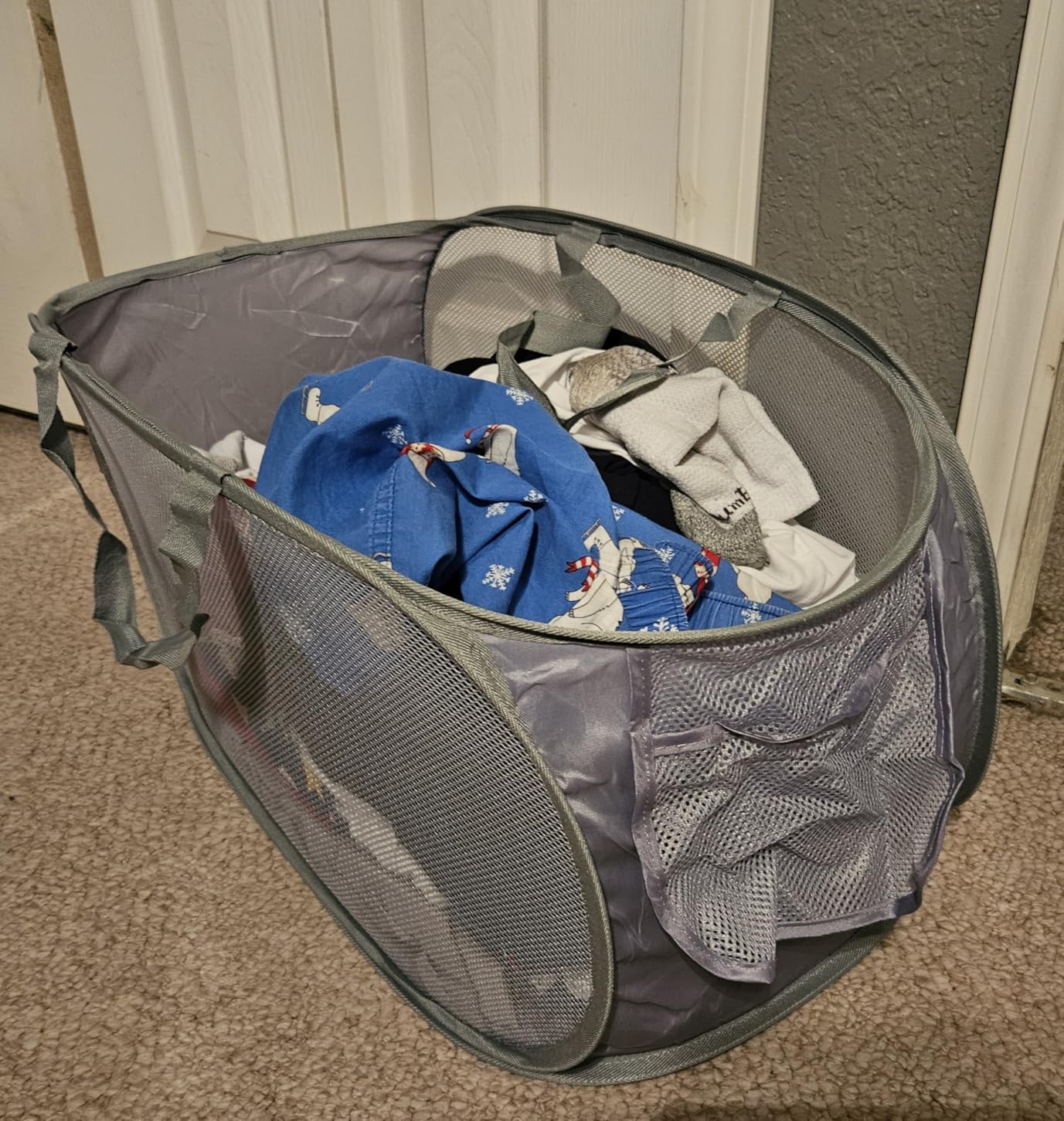 Durable Collapsible Laundry Baskets, Mesh Pop Up Laundry Hamper with Side Pocket, Foldable Clothes Storage Hamper with Reinforced Carry Handles for Laundry, Bathroom, Kids Room, Dorm or Travel Grey customer photo 2