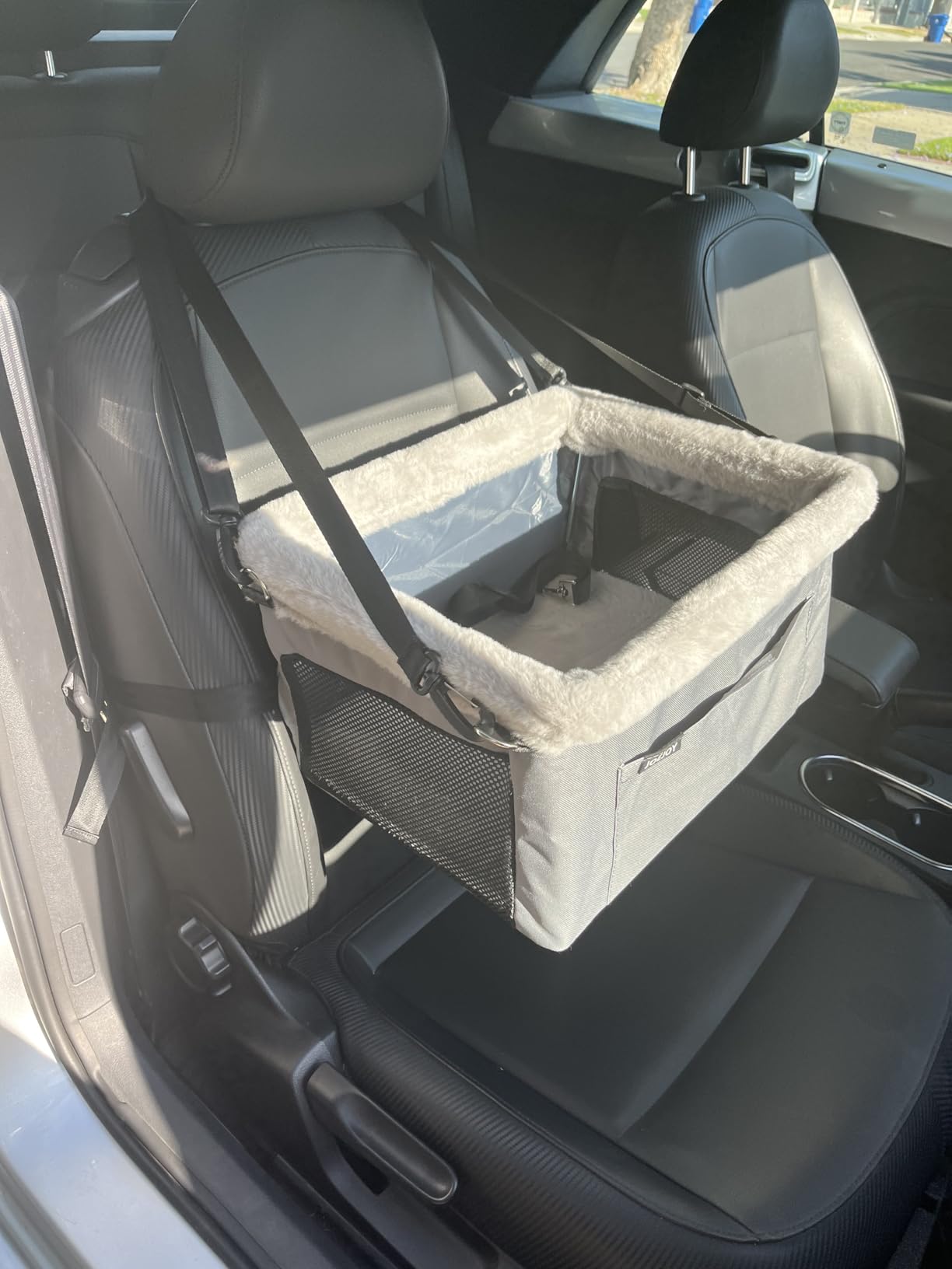 JOEJOY Deluxe Dog Booster Seat with Sturdy Metal Frame and Safety Leash for Small Pets up to 20 lbs - Portable Puppy Dog Car Seat with Thick Cushion and Storage Pockets for Small Dogs customer photo 1