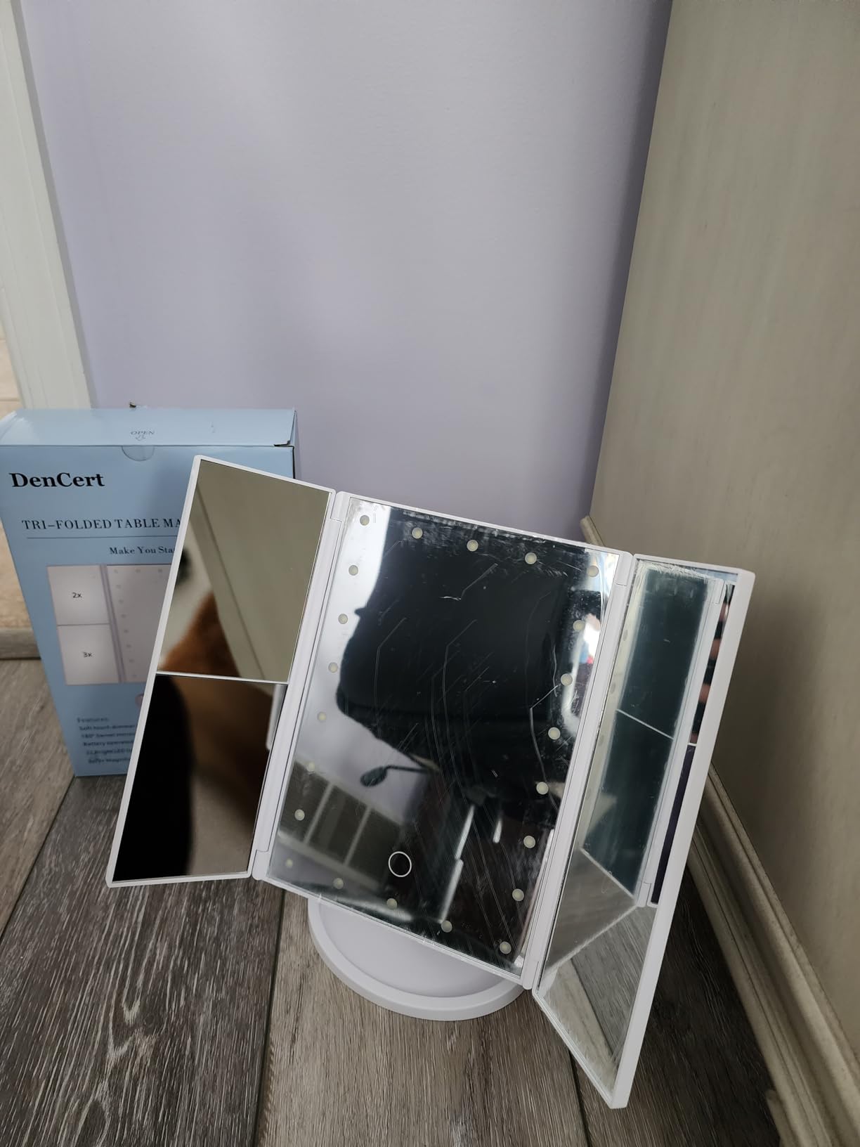 DenCert Makeup Mirror Vanity Mirror with Lights 1X 2X 3X 10X Magnification, Lighted Makeup Mirror, Touch Control, Tri-Fold Portable LED Makeup Vanity, Two Power Supply Modes, White customer photo 1