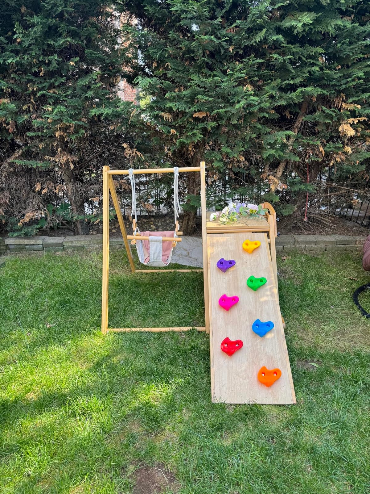 FUNLIO 4-in-1 Wooden Toddler Swing and Slide Set, Foldable Montessori Jungle Gym for Toddlers 0.5-5 Years, Indoor Playground with Swing/Slide/Ladder/Climbing Rock, Easy to Assemble & Store customer photo 1