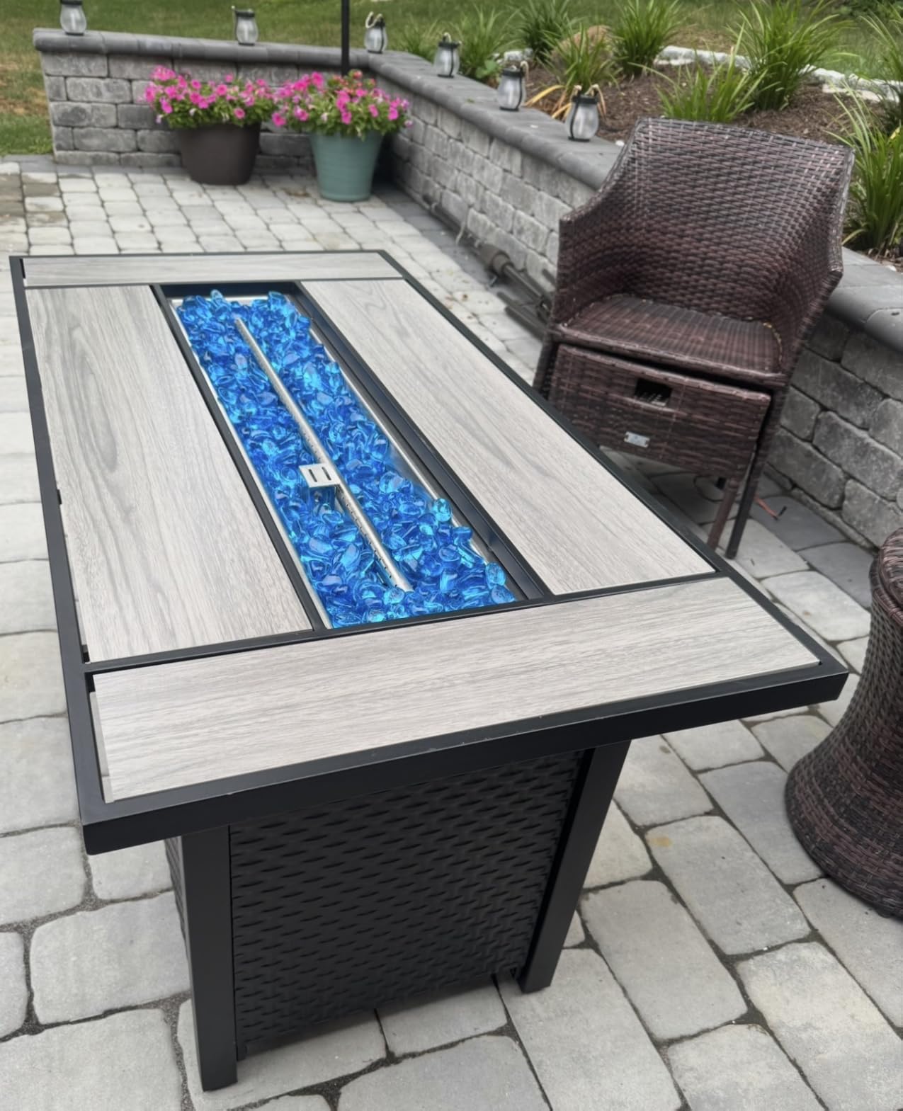 45 Inch Propane Fire Pit Table, 50,000 BTU Outdoor Gas Fire Pit for Patio & Backyard, 2-in-1 Firepit Dining Table with Glass Wind Guard, Blue Glass Rocks & Waterproof Cover customer photo 2