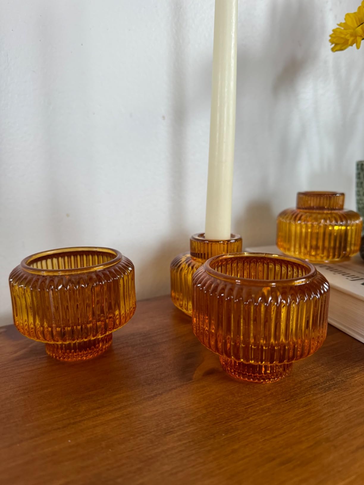Woho Candlestick Holders Set of 4, Amber Votive Candle Holders for Fall Wedding Table Centerpiece, Ribbed Glass Taper Candle Holders for Dinner Party Halloween Thanksgiving Decor customer photo 2