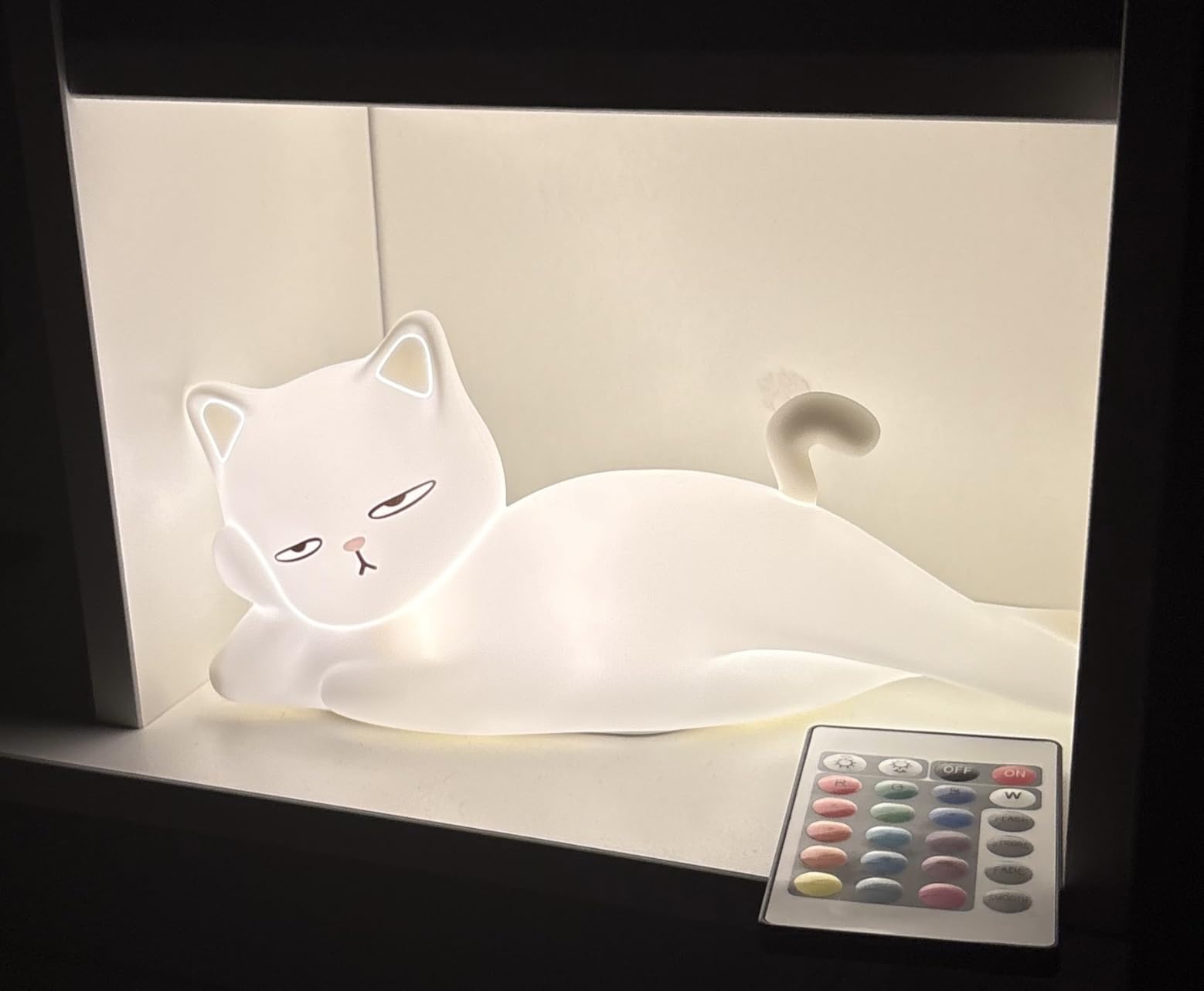 Lying Cat Lamp Funny Gifts, 16 Colors+5 Dimming+Silicone Random Stuff, Touch+Remote+Recharge Night Light, Unique Cool Lamp,Cute Weird Stuff, Squishy Cat White Elephant Gifts for Women/Men/Teens/Kids customer photo 2