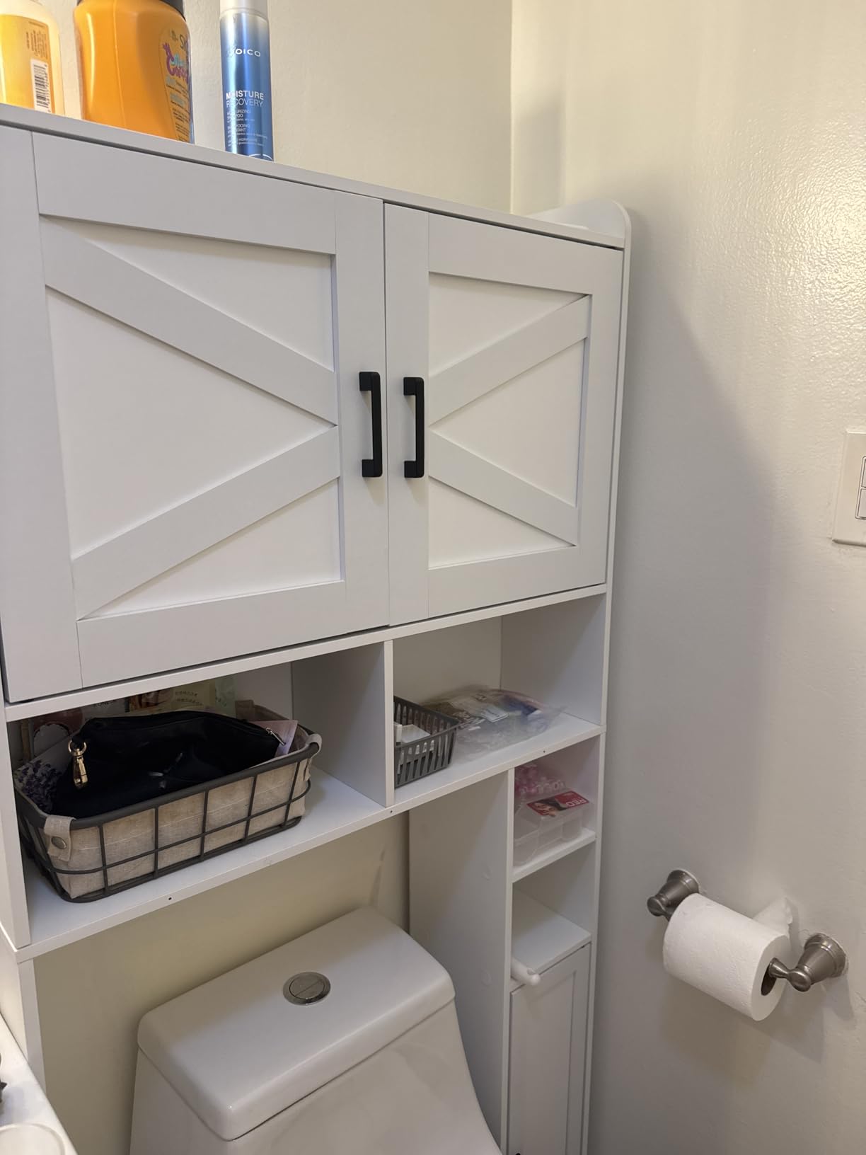 Homhedy Wooden Over The Toilet Storage Cabinet with Barn Door | Freestanding Bathroom Storage, Toilet Paper Holder, Adjustable Shelf, Space-Saving, Farmhouse Style, White customer photo 2