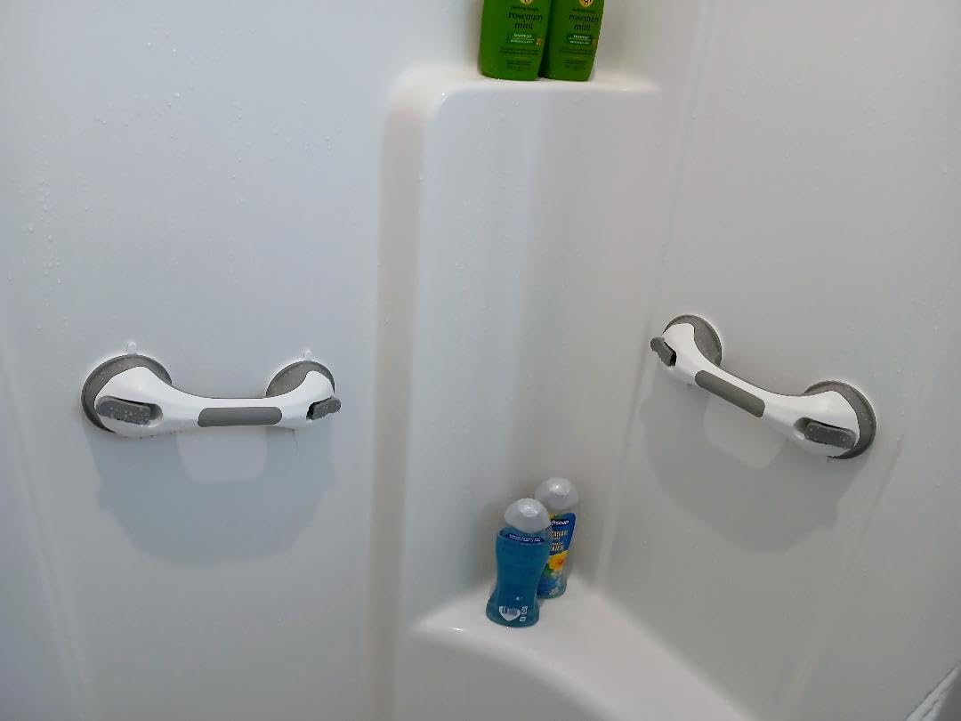 LEVERLOC Shower Grab Bar, 12 Inch Suction Grab Bars for Bathtubs and Showers for Elderly, Shower Handle for Seniors Bathroom Safety Grip for Elderly, No Drilling Removable,Grey customer photo 2