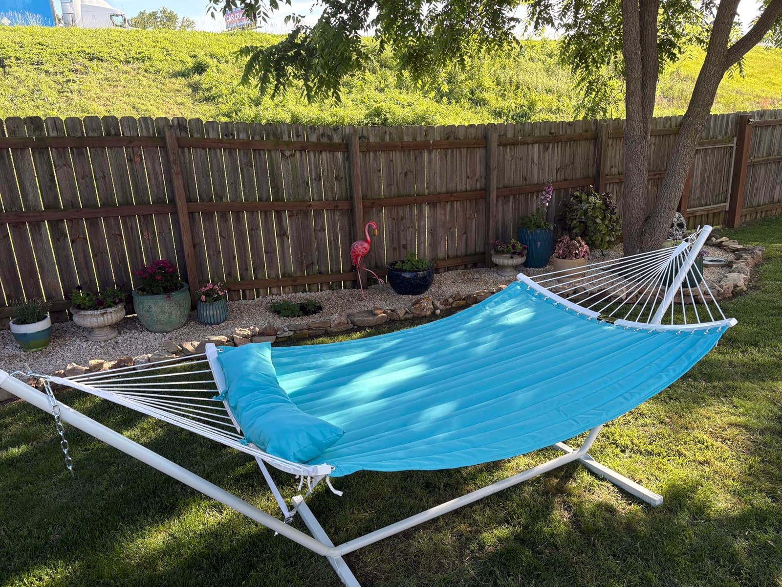 SUPERJARE Curved-Bar Hammock with Stand, 2 Person Heavy Duty Hammock Frame, Detachable Pillow & Portable Carrying Bag, Perfect for Outdoor & Indoor, Navy Blue customer photo 1