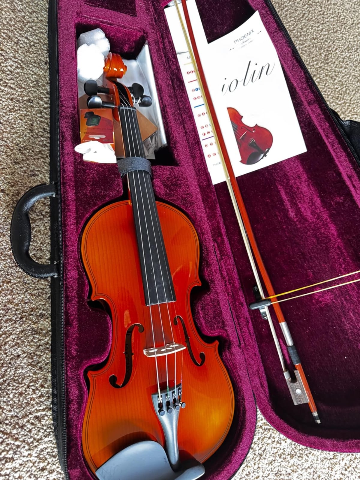PHOENIX Violin 4/4 Full Size Kit, Violin Fiddle Set for Beginner Adults Student with Rosewood Bow, Extra Strings & Bridge, 2 Rosins, Tuner, Case, Mute, Fingerboard Stickers, Shoulder Rest customer photo 2