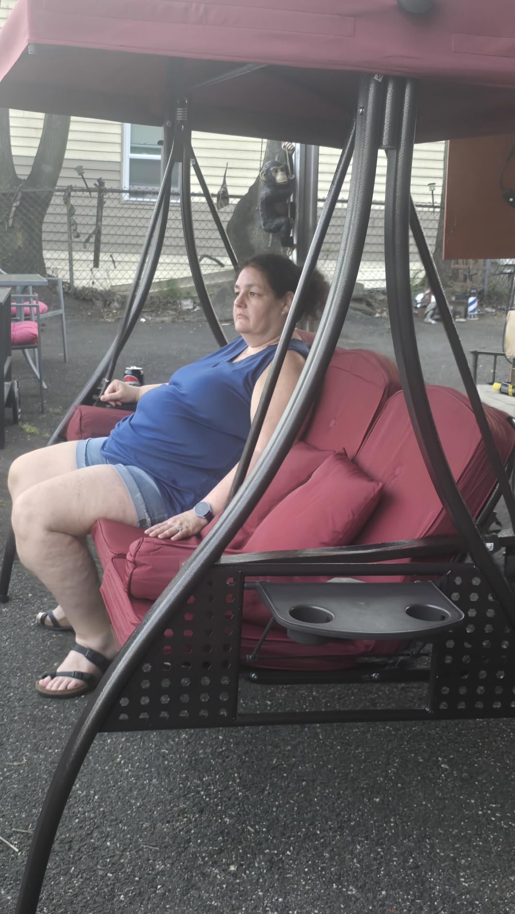 3 in 1 Outdoor Porch Swing with Adjustable Canopy, 3 Seat Outdoor Swing for Adults, Patio Swing Chair with Thickened Cushions,Pillows & Cup Holders for Backyard, Porch, Garden (Wine Red) customer photo 2